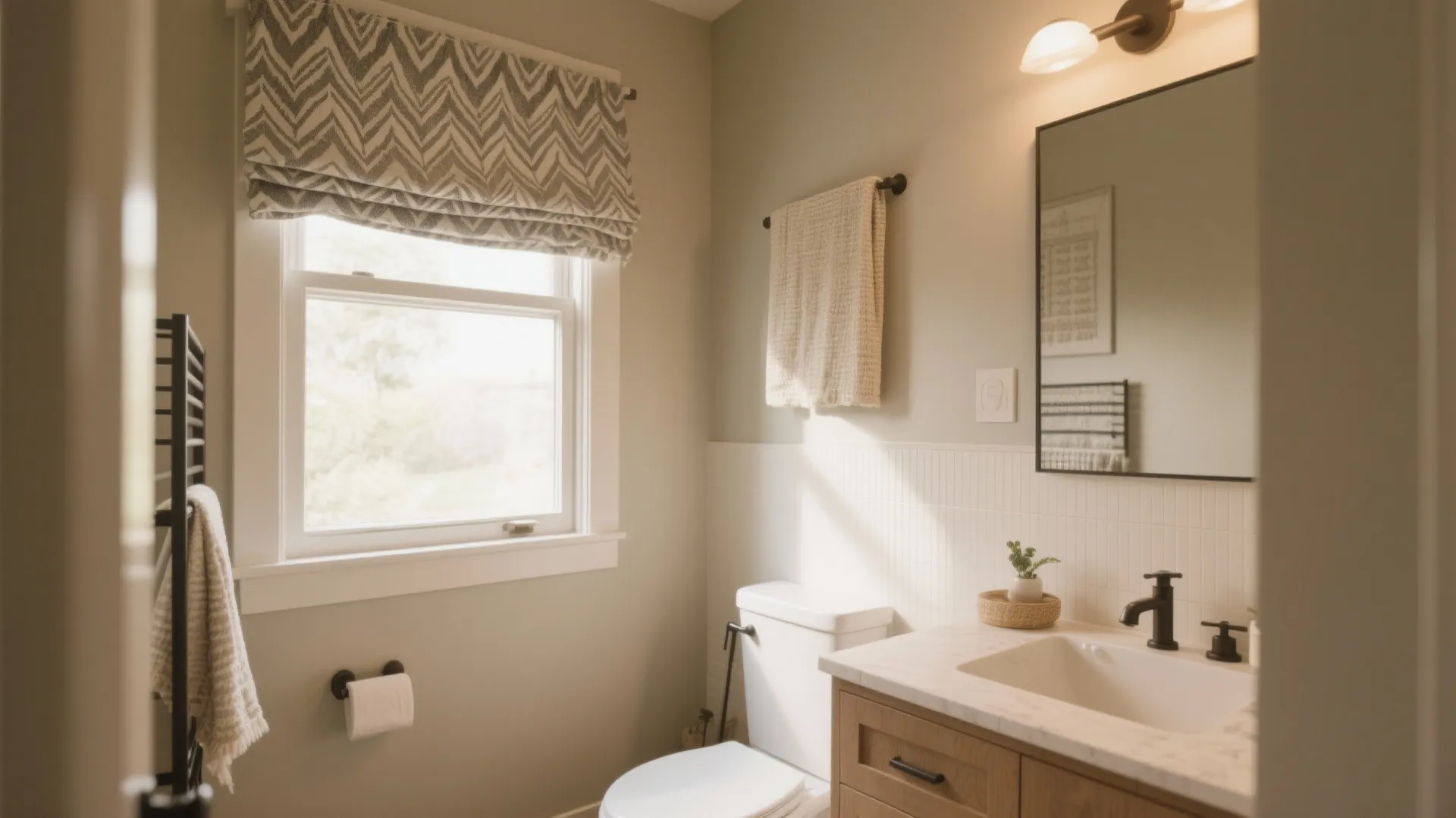 Modern bathroom with a patterned window curtain above the toilet next to a wood sink