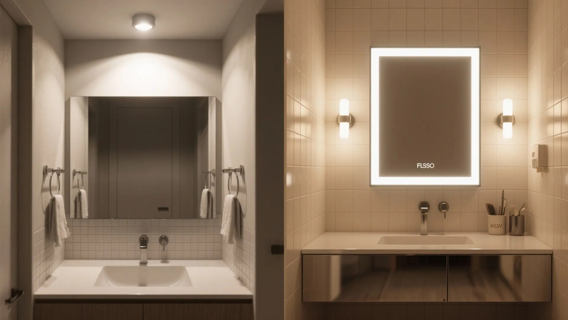Before-and-after small bathroom vanity showing improved lighting with Flos wall fixtures and backlit mirror