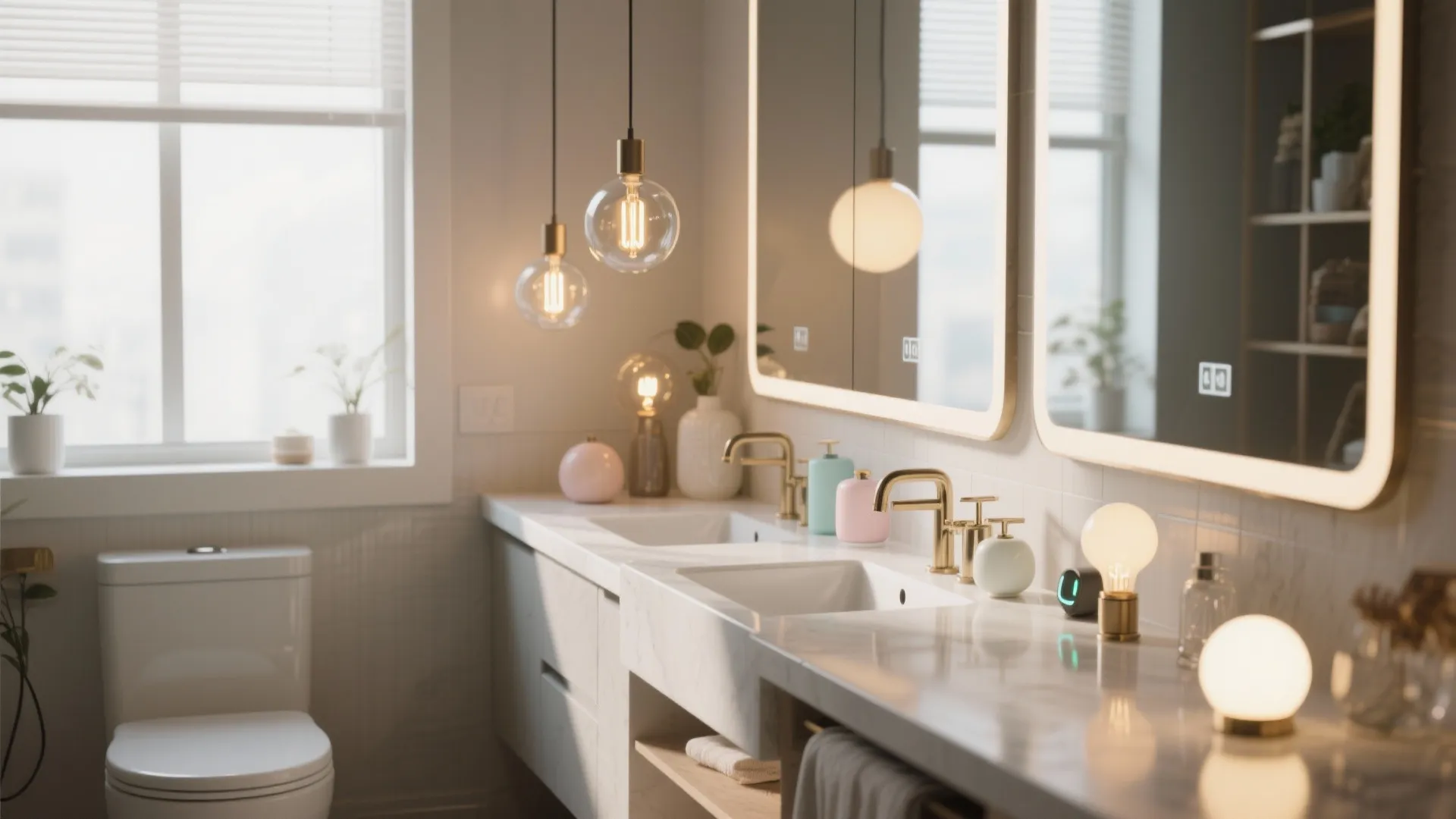 Modern bathroom with double sink vanity marble countertop glowing mirrors hanging ceiling lights and white toilet