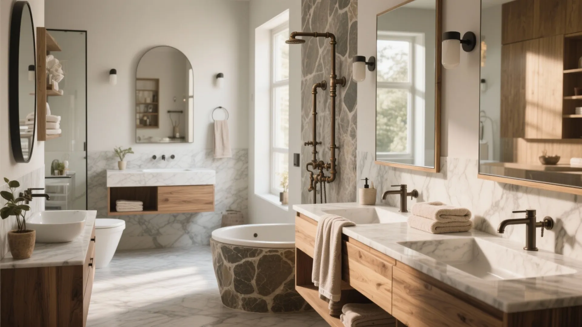 Large luxury bathroom with stone bathtub wood cabinets marble walls mirrors and warm wall lights