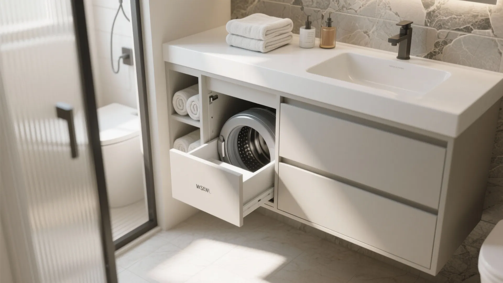 Laundry chute built inside a modern bathroom vanity