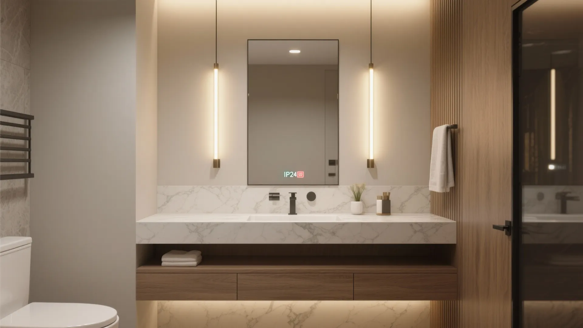 Bathroom vanity with LED linear lights flanking the mirror providing even illumination