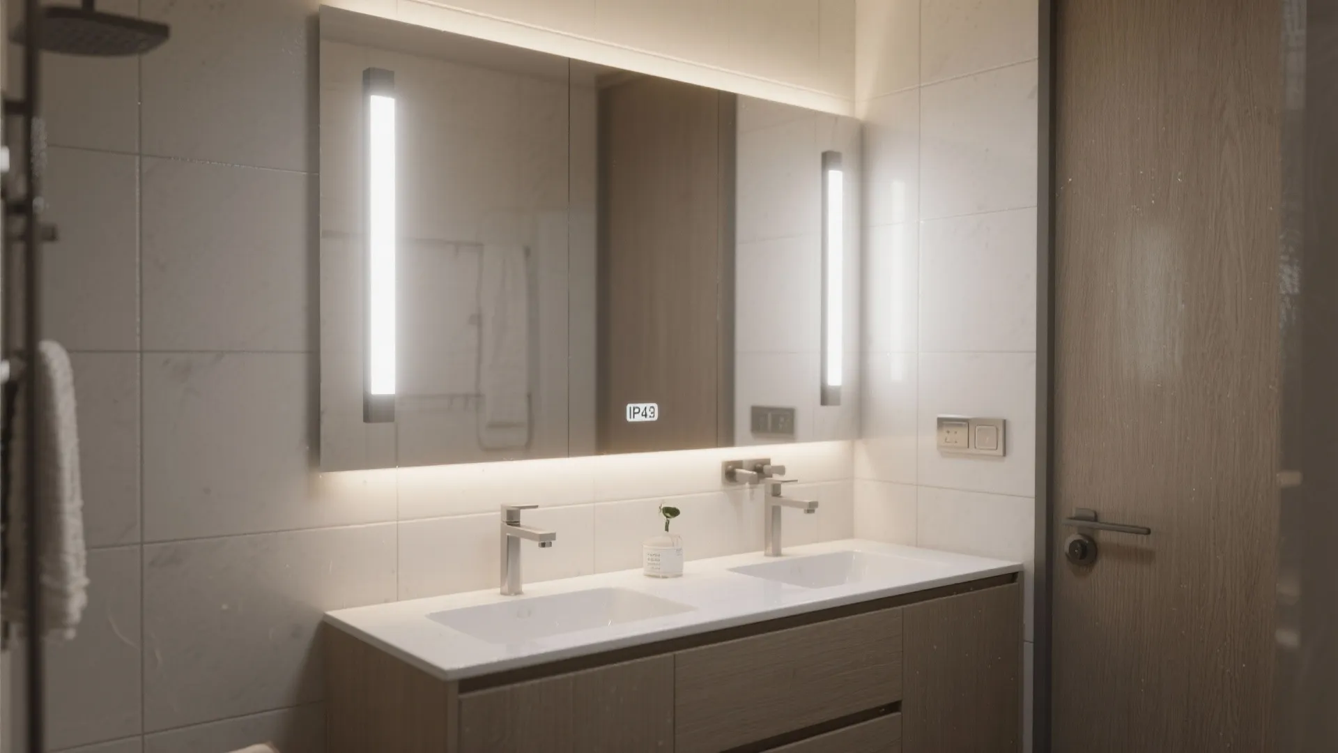 Modern bathroom vanity with double sinks large lit mirror wooden cabinet and white tiled walls