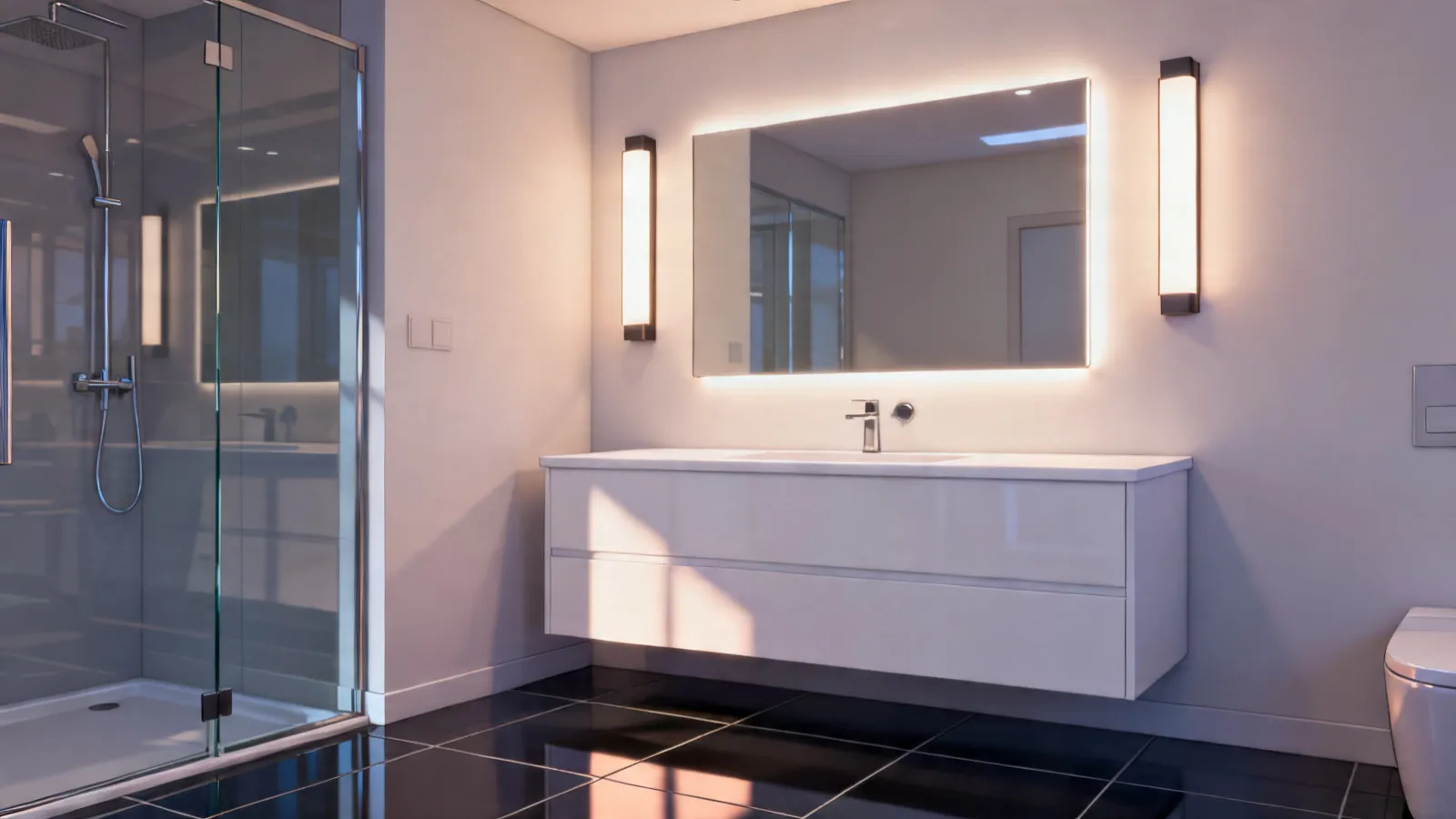 Bathroom vanity lighting reflecting onto dark tile floor