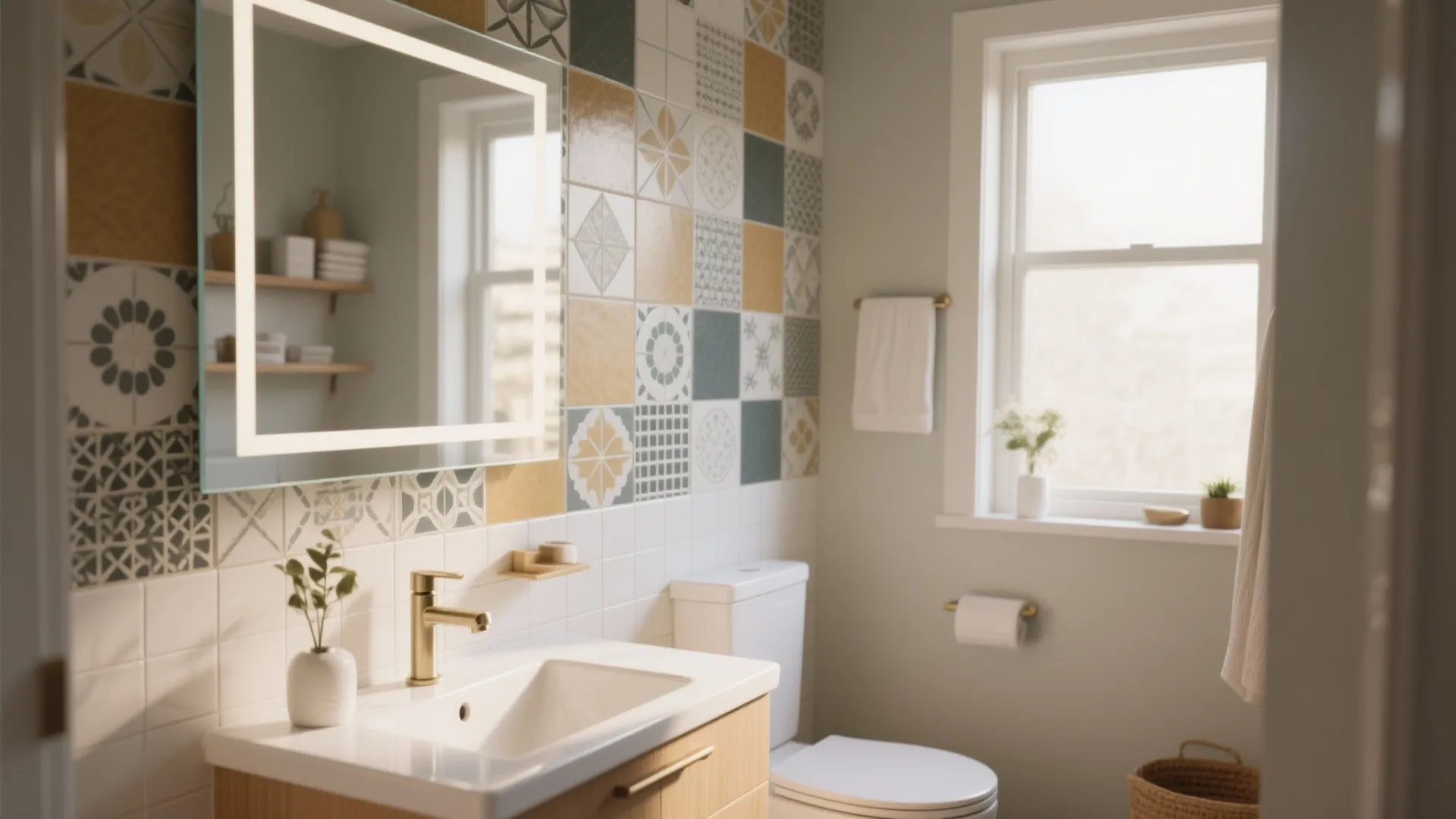 Modern bathroom with pattern wall tiles white sink gold water tap and light up mirror