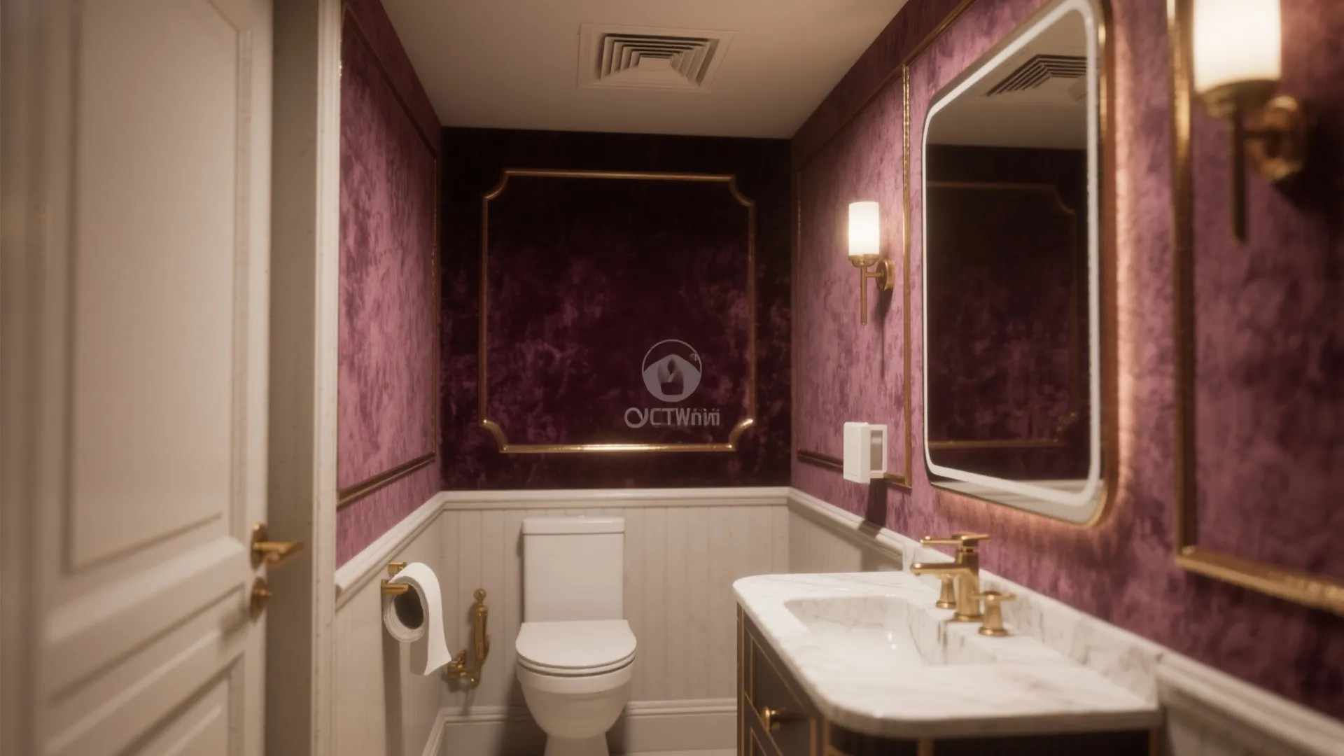 Luxury bathroom with purple velvet walls white wall panel marble sink gold faucet and toilet