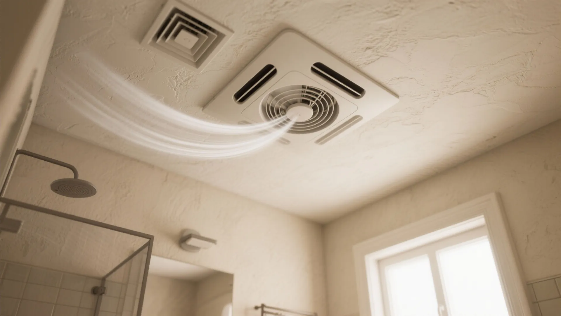 Bathroom ceiling ventilation fan pulling air in room with shower head and clear window frame