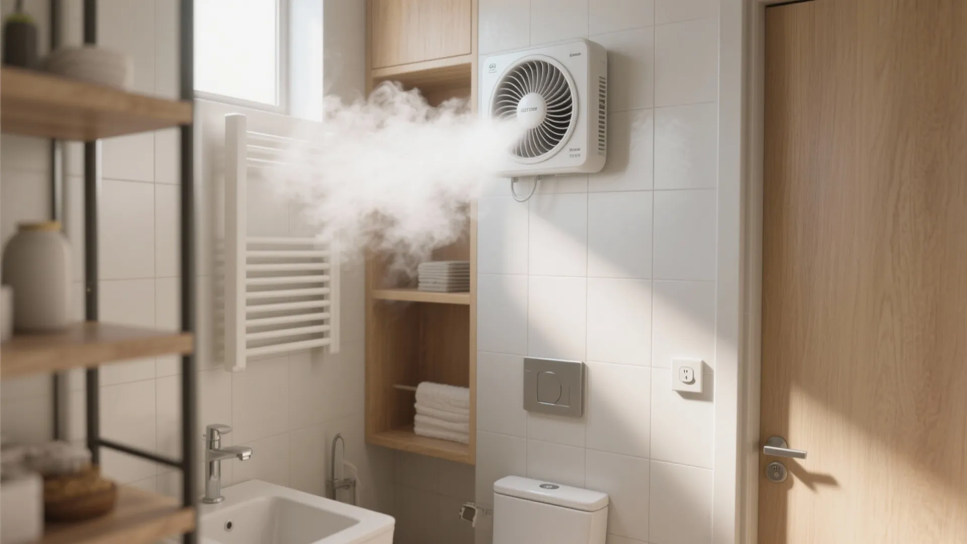 White tiled bathroom with wall fan removing steam near the toilet and wooden door frame