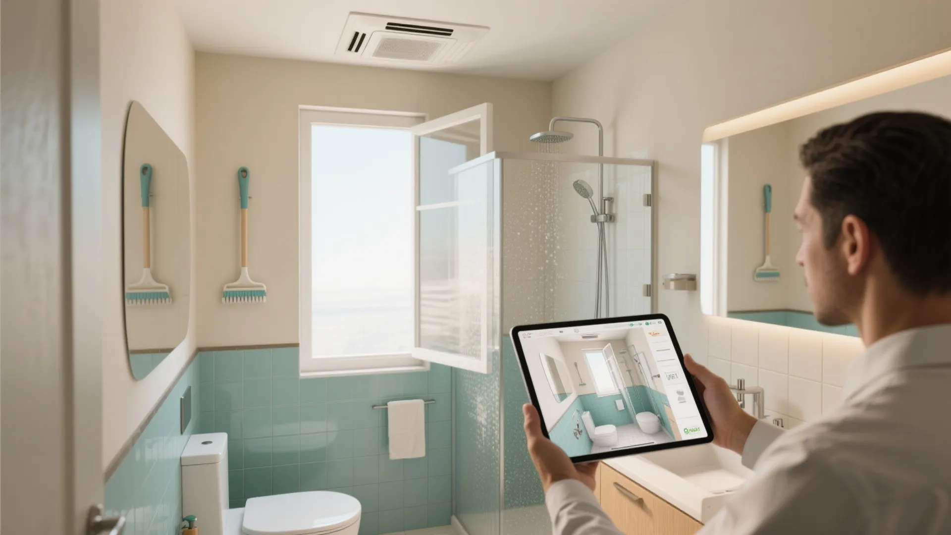 Man holding a tablet with a bathroom design layout showing a toilet shower and window