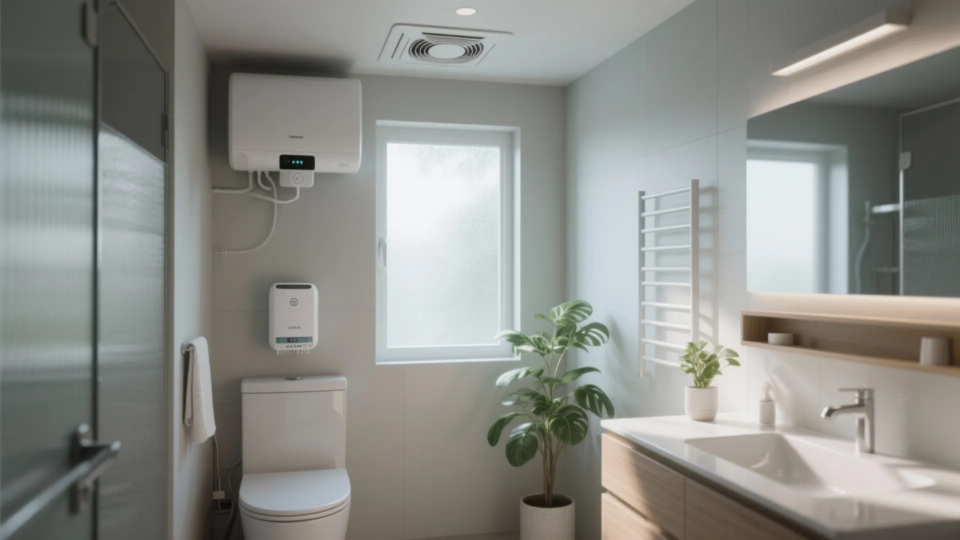 Modern bright bathroom featuring a white toilet ceiling vent green plant and wooden vanity sink
