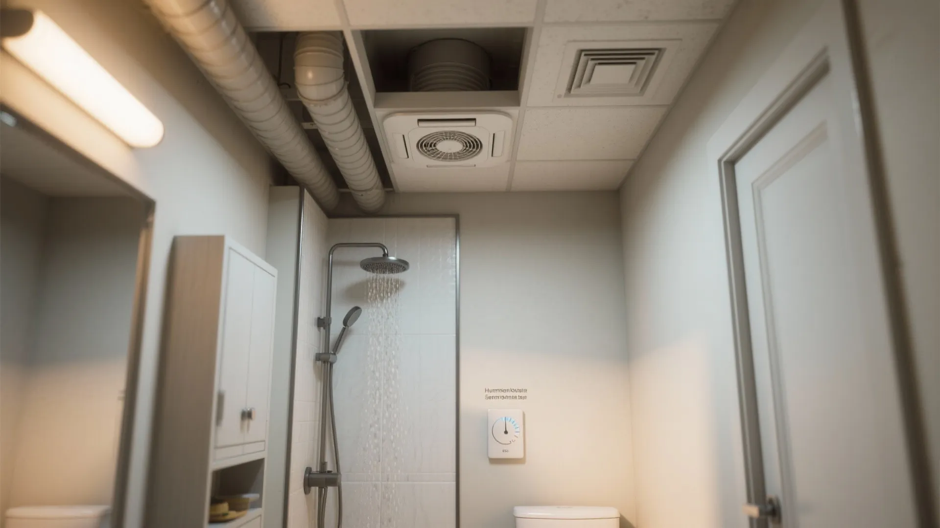 Modern bathroom interior featuring an overhead ventilation fan system with exposed ceiling pipes and white walls