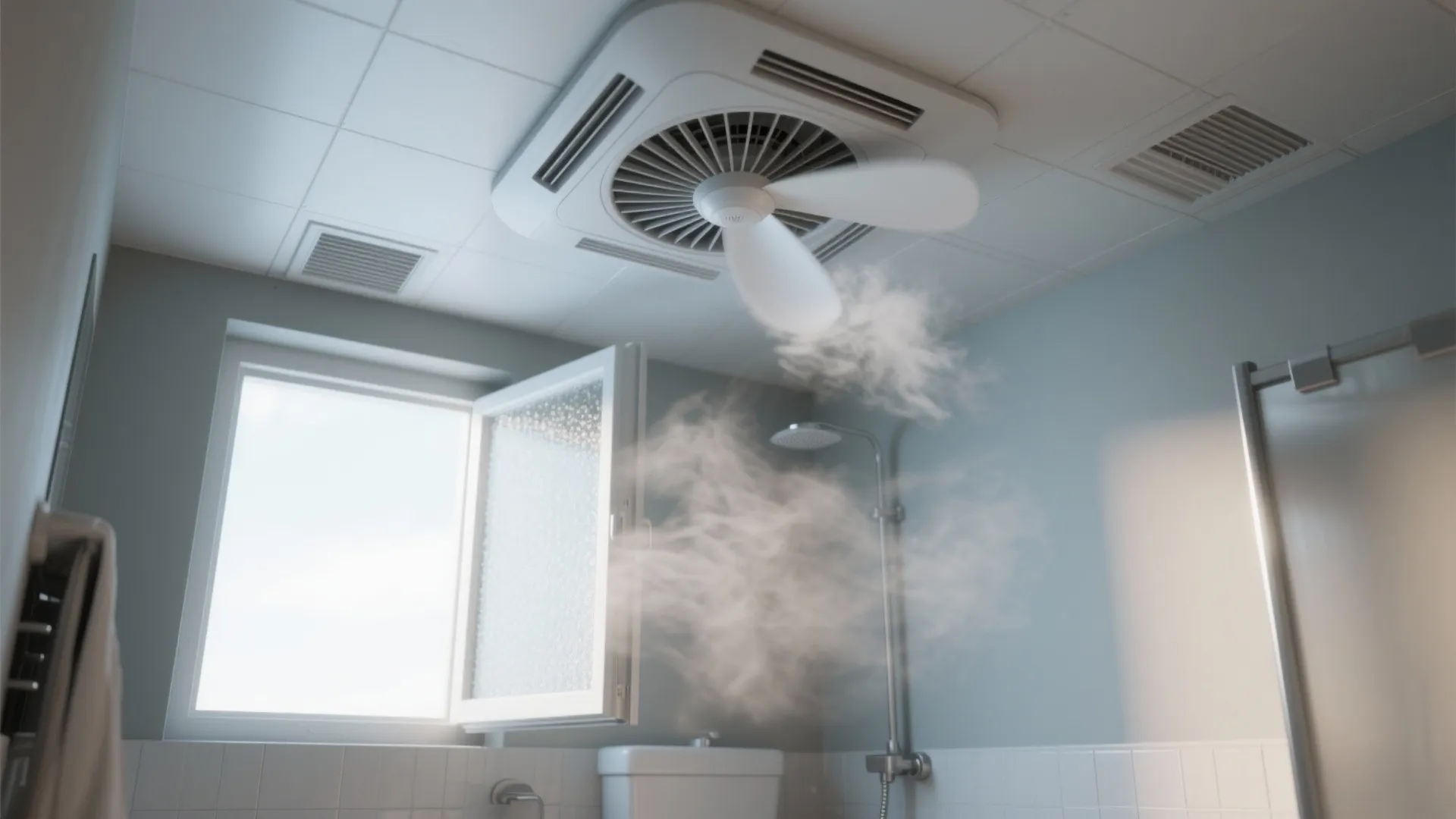 Modern bathroom ceiling fan removing steam near an open window and shower head with light