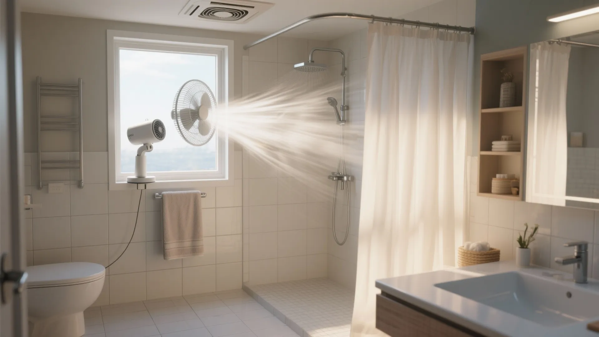 Modern bathroom with white tile walls, shower curtain, toilet, sink, and fan blowing through window