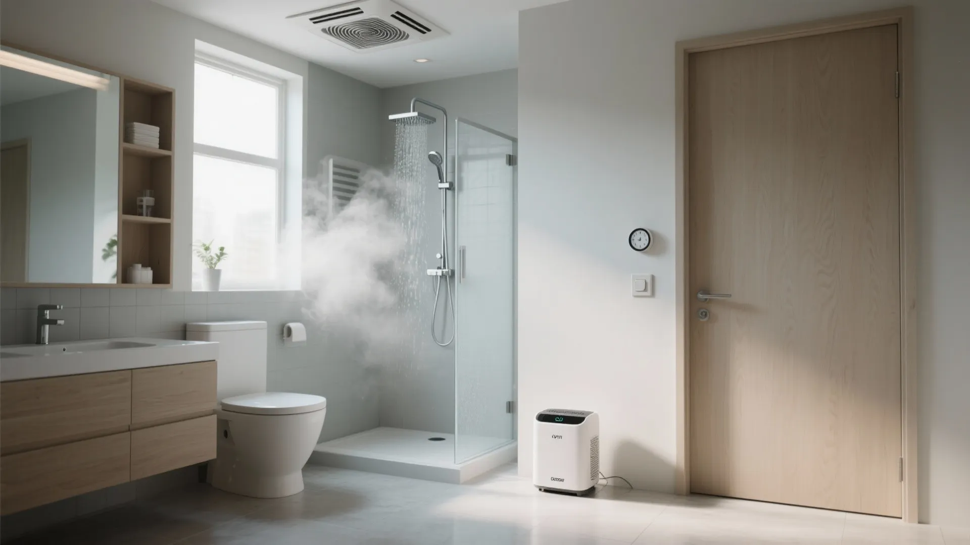 Modern bathroom with steam coming from shower area and a small white air machine working