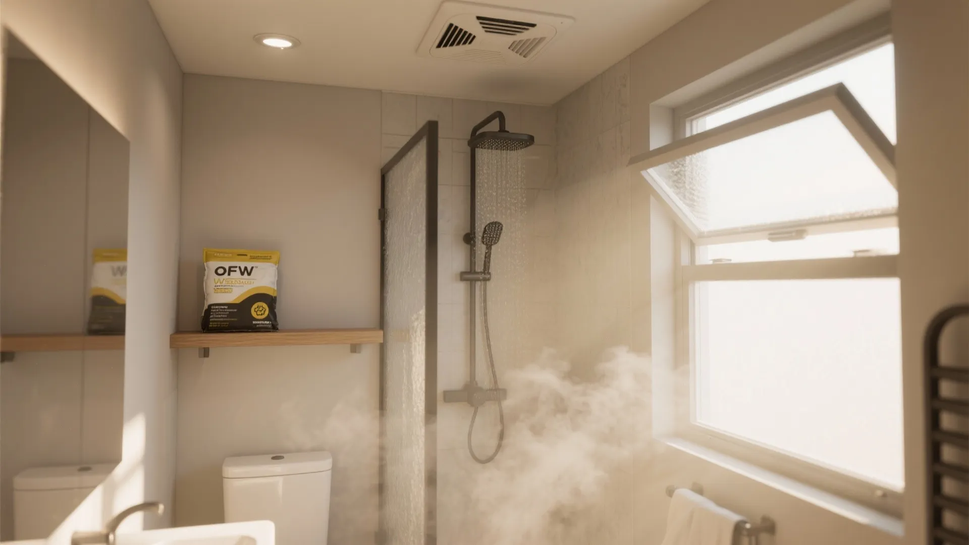 Steamy bathroom interior with a black shower head open window and ceiling exhaust fan vent