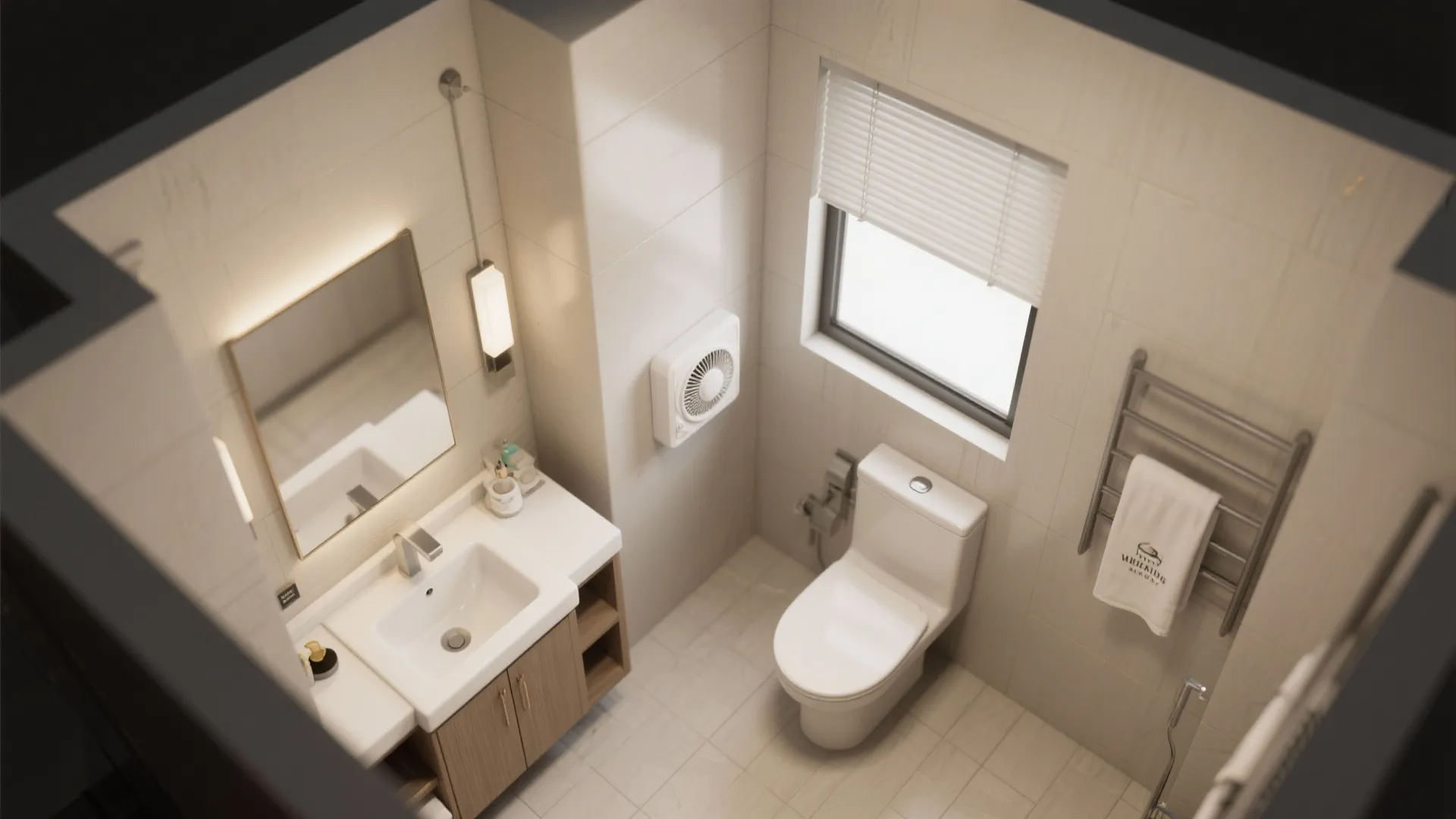 Top view interior design drawing of a small bathroom with toilet sink and wall fan