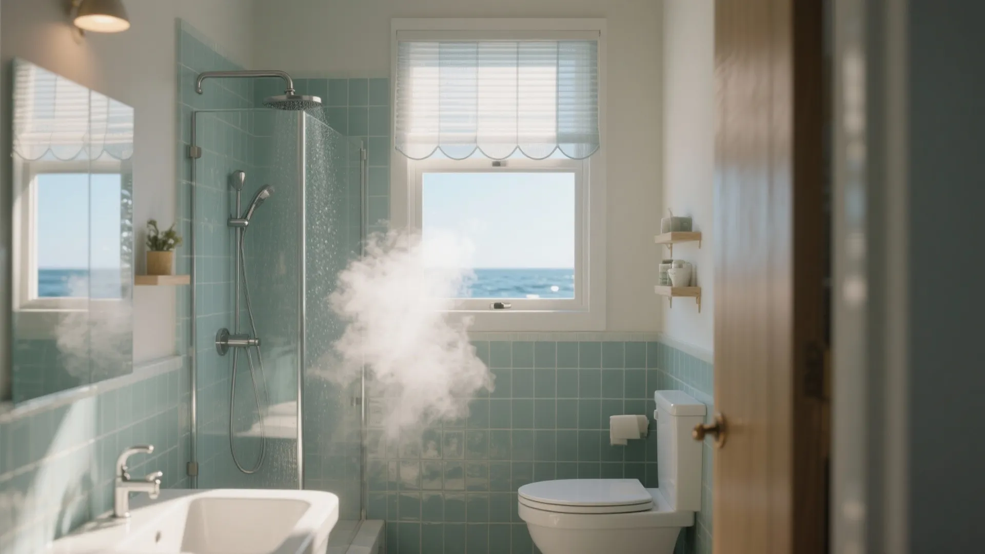 Bright bathroom with blue wall tiles, glass shower door, white toilet, and sea view window