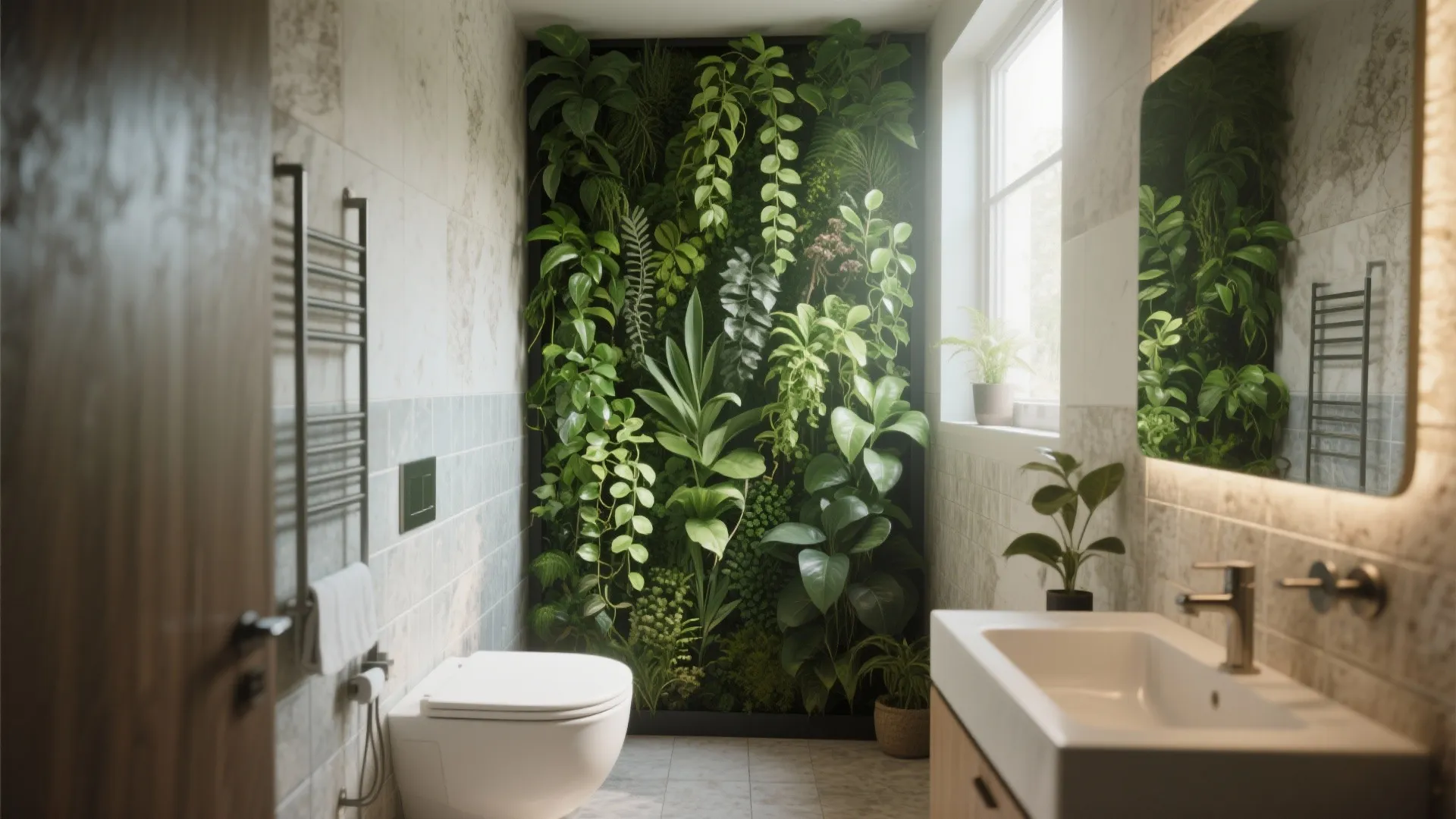 Bathroom with vertical garden panel adding lush greenery