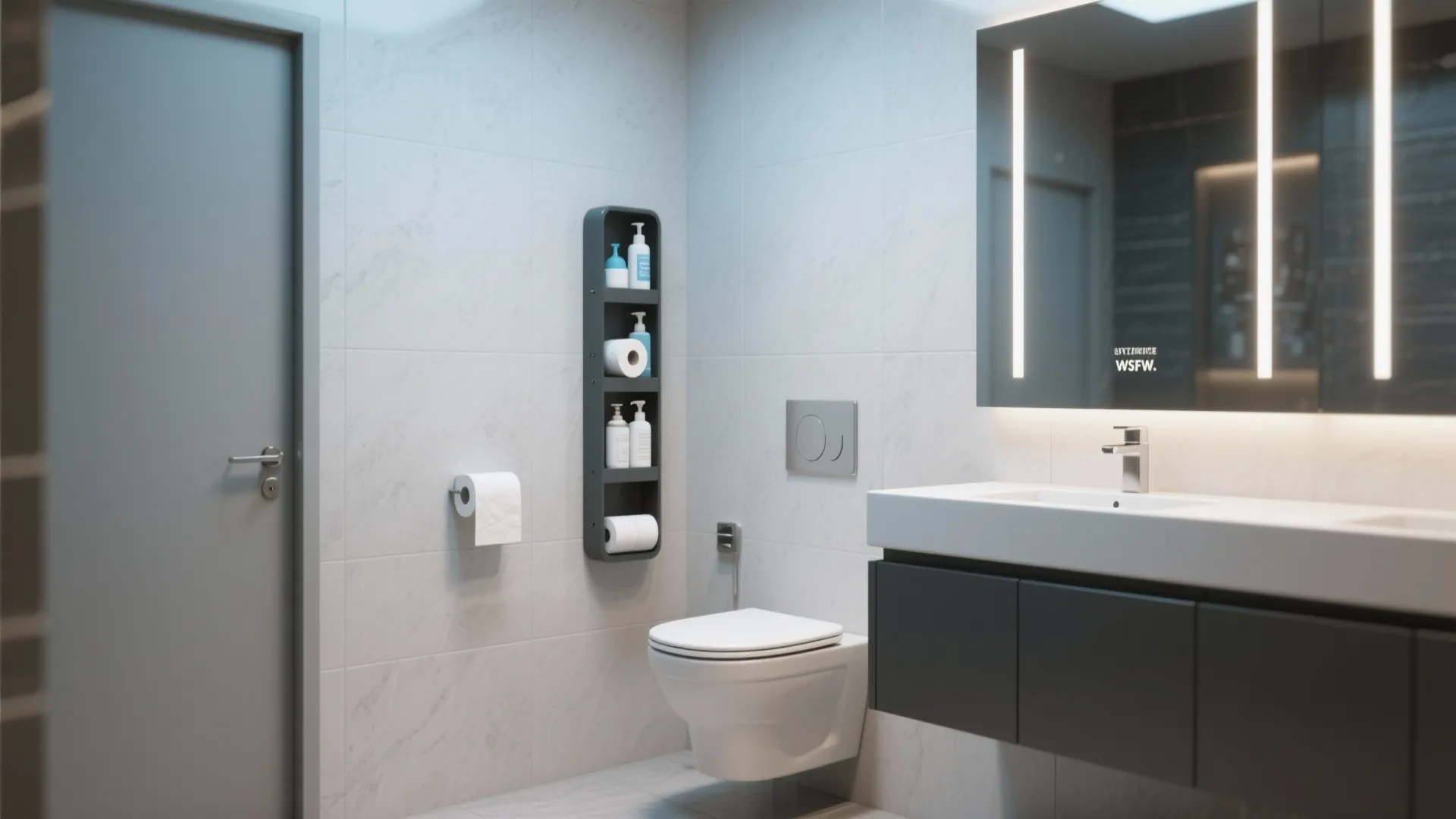 Vertical storage niche in bathroom wall for supplies