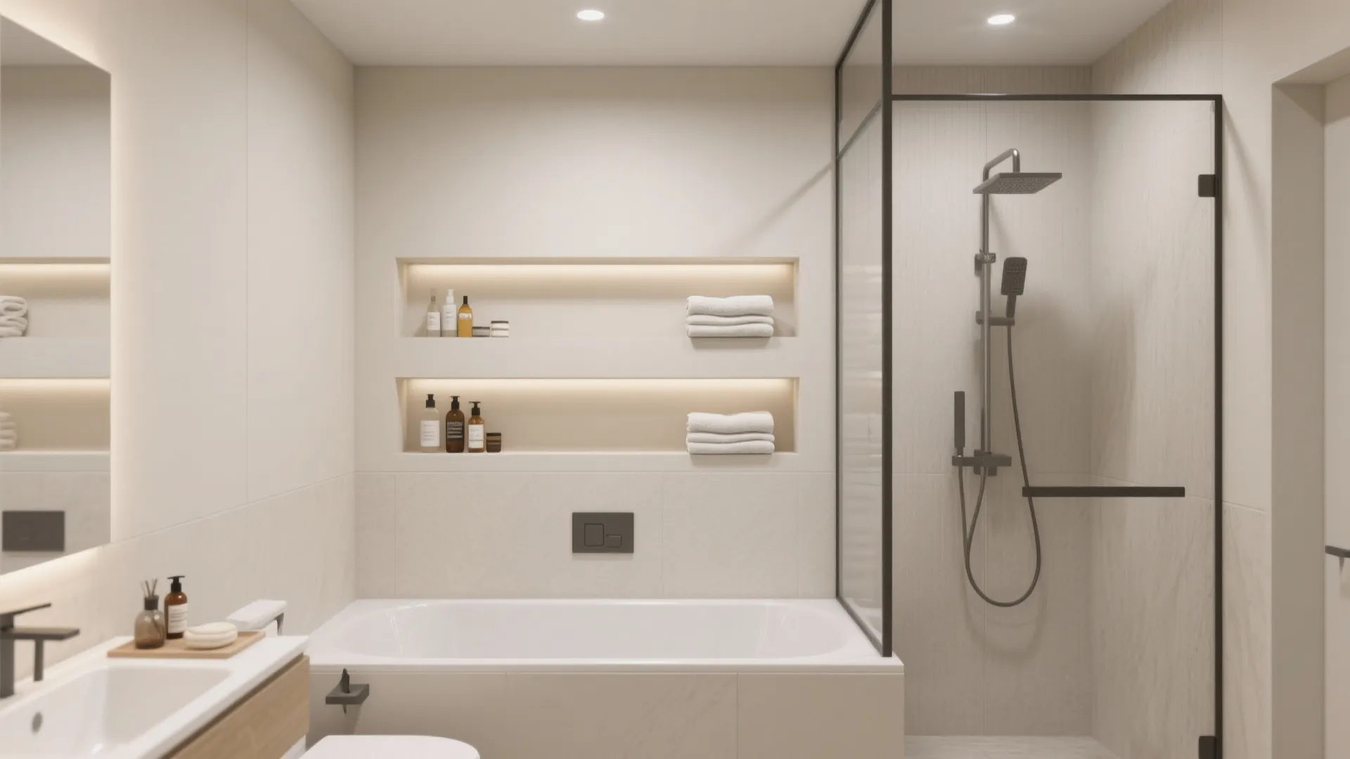 Small bathroom with vertical storage shelves above the tub