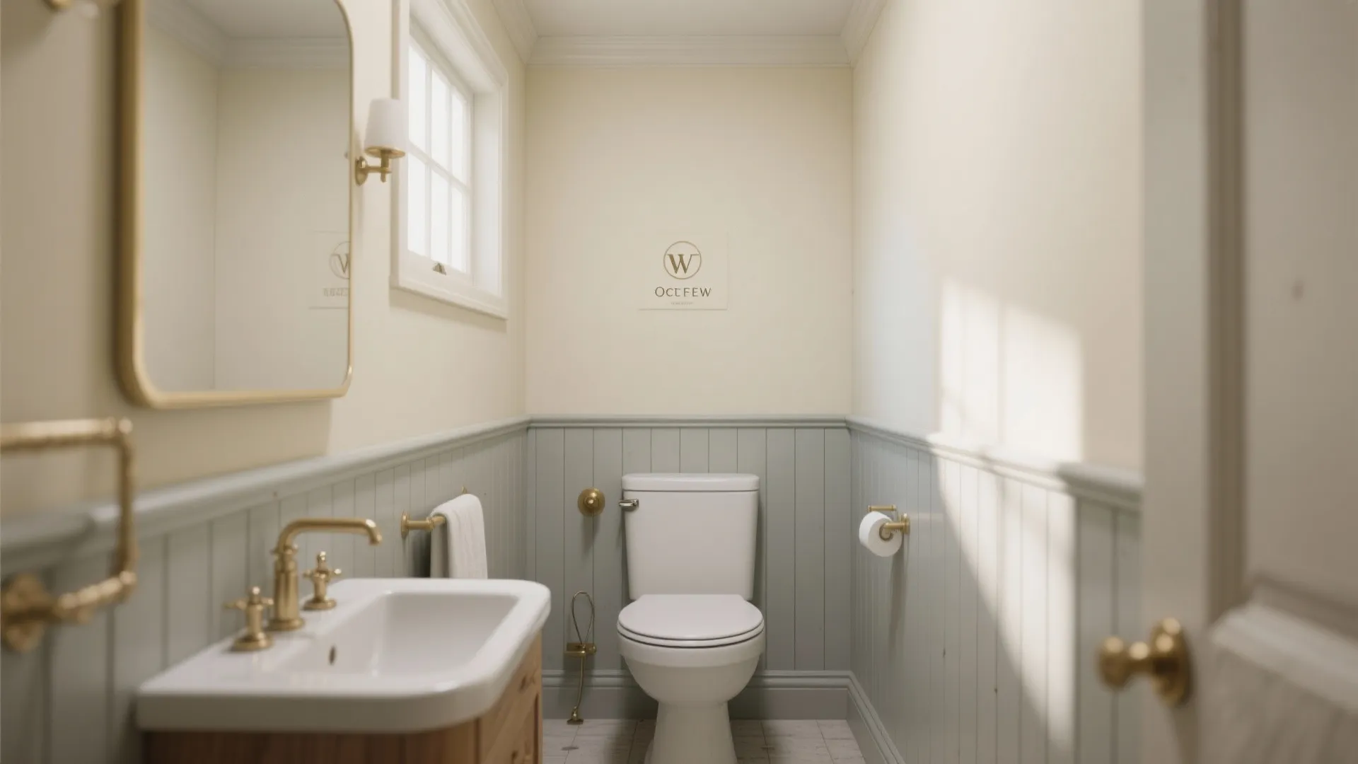 Small bathroom with light blue wall panel cream walls white toilet sink and gold wall light