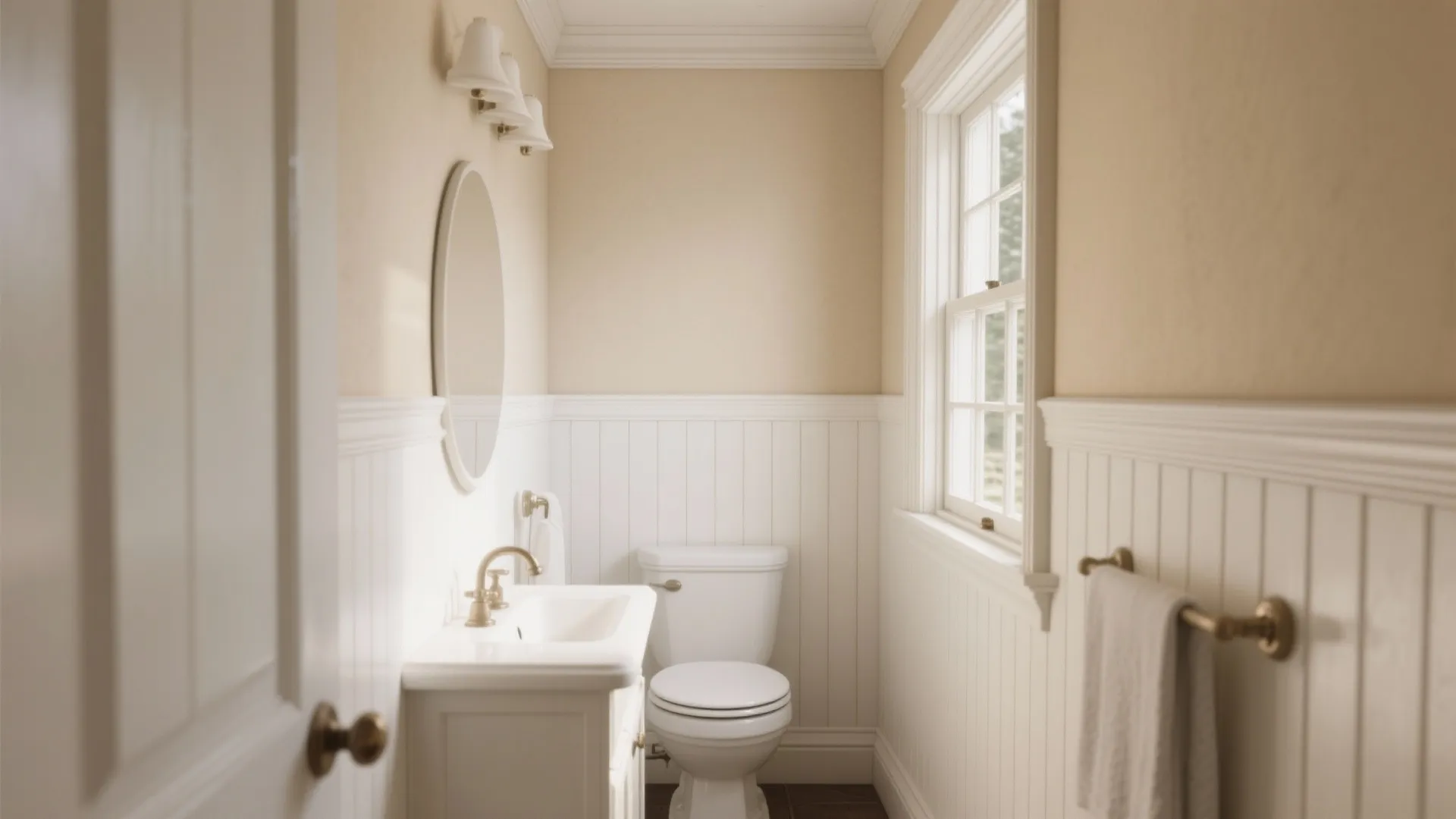 Small bathroom featuring white wall panel design cream walls white toilet and a large window