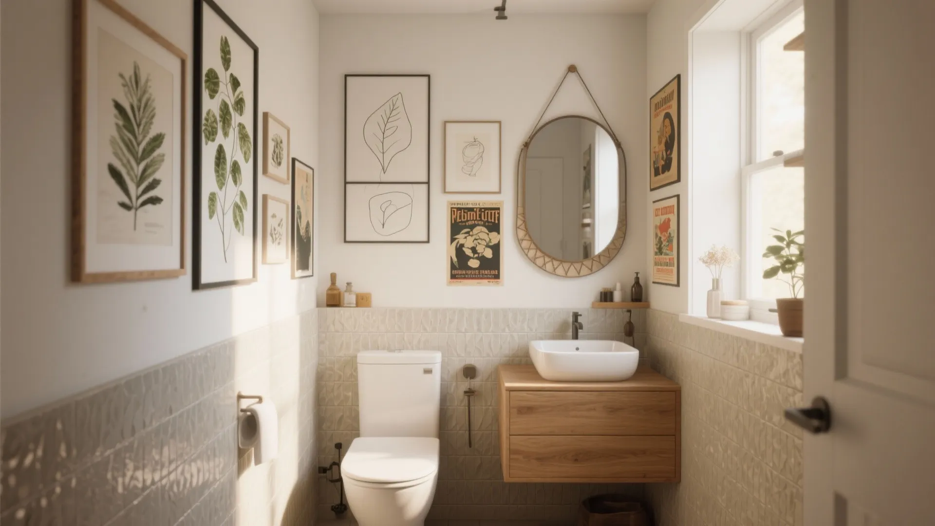 Small bathroom with gallery wall art round mirror wooden cabinet sink toilet and a window