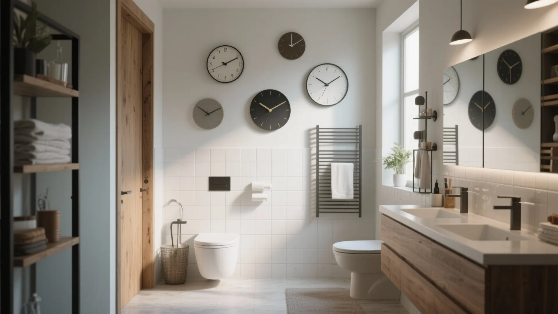 Modern white bathroom with double sink wood cabinet several round wall clocks and natural light