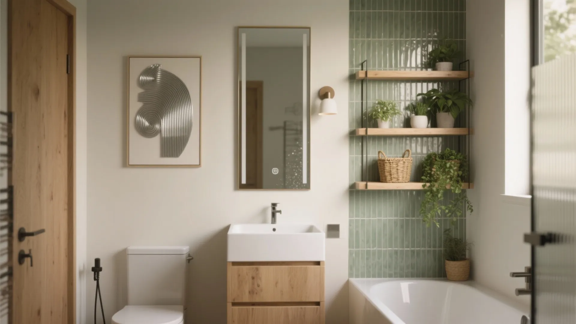 Modern bathroom featuring green tile wall wooden shelves with plants white sink and lighted mirror