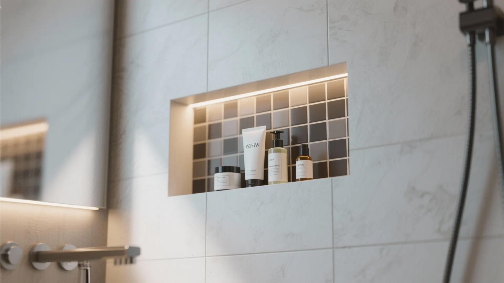 Modern bathroom wall hole with light and small dark tiles holding various skin care product bottles