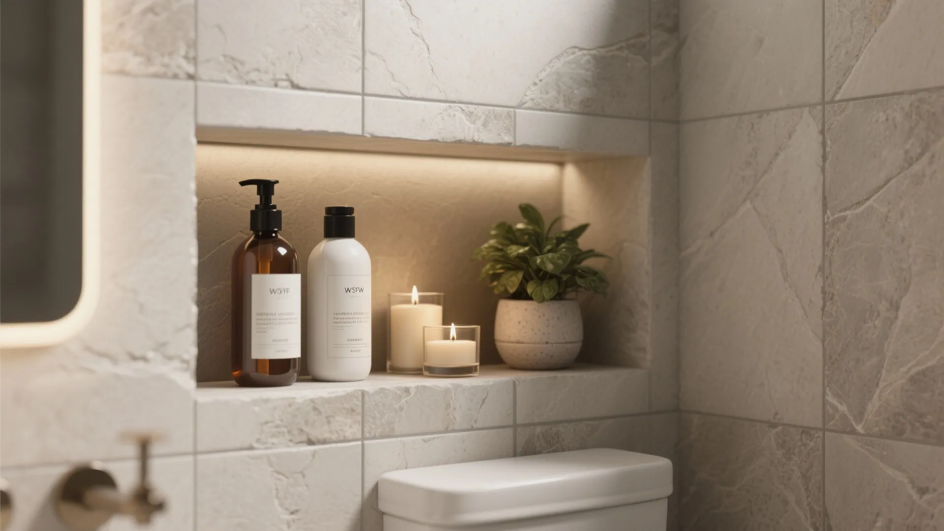 Wall niche in tiled bathroom holding toiletries and plant