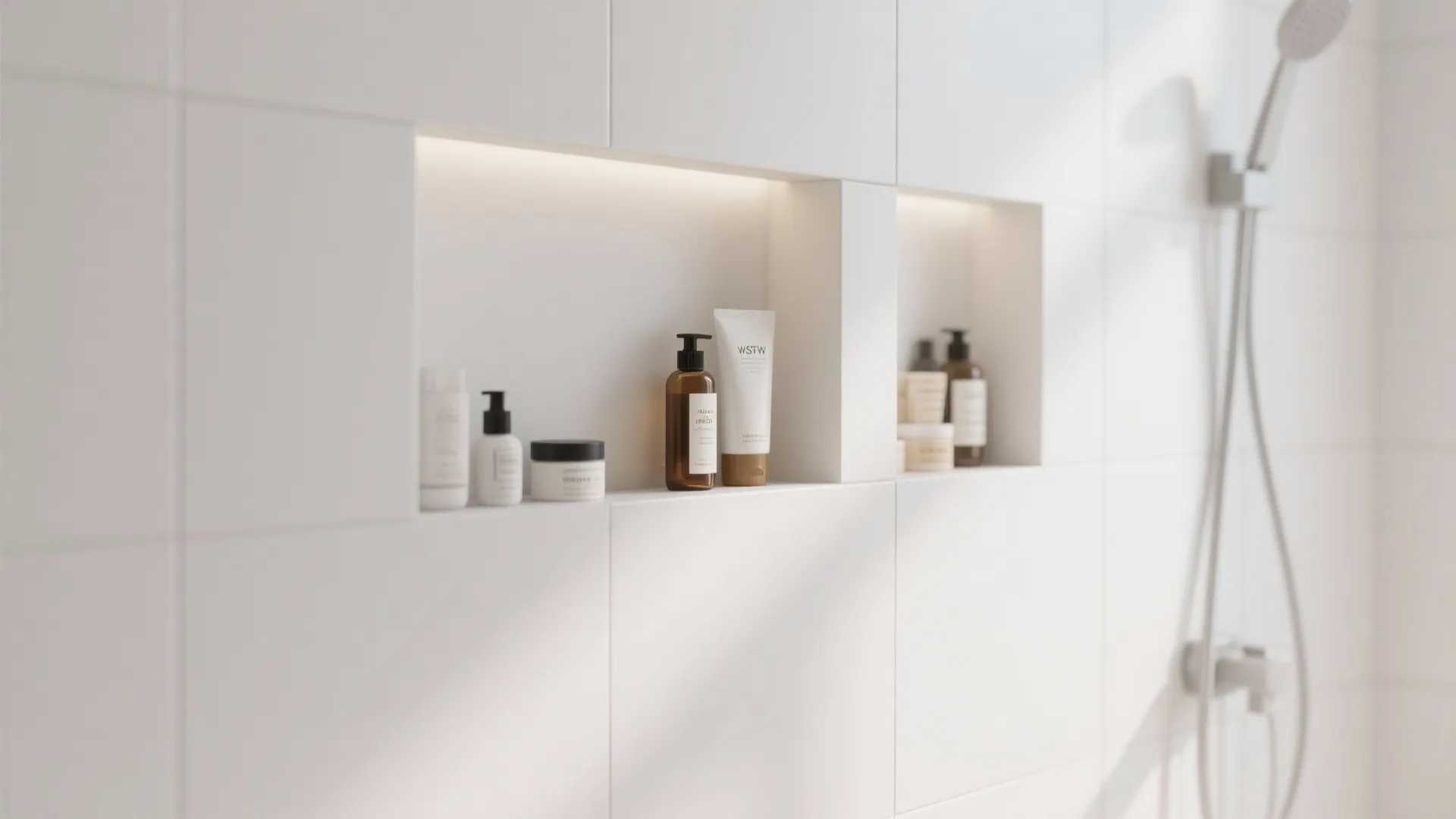 Modern shower with white wall tiles built in storage shelves containing bottles and shower head