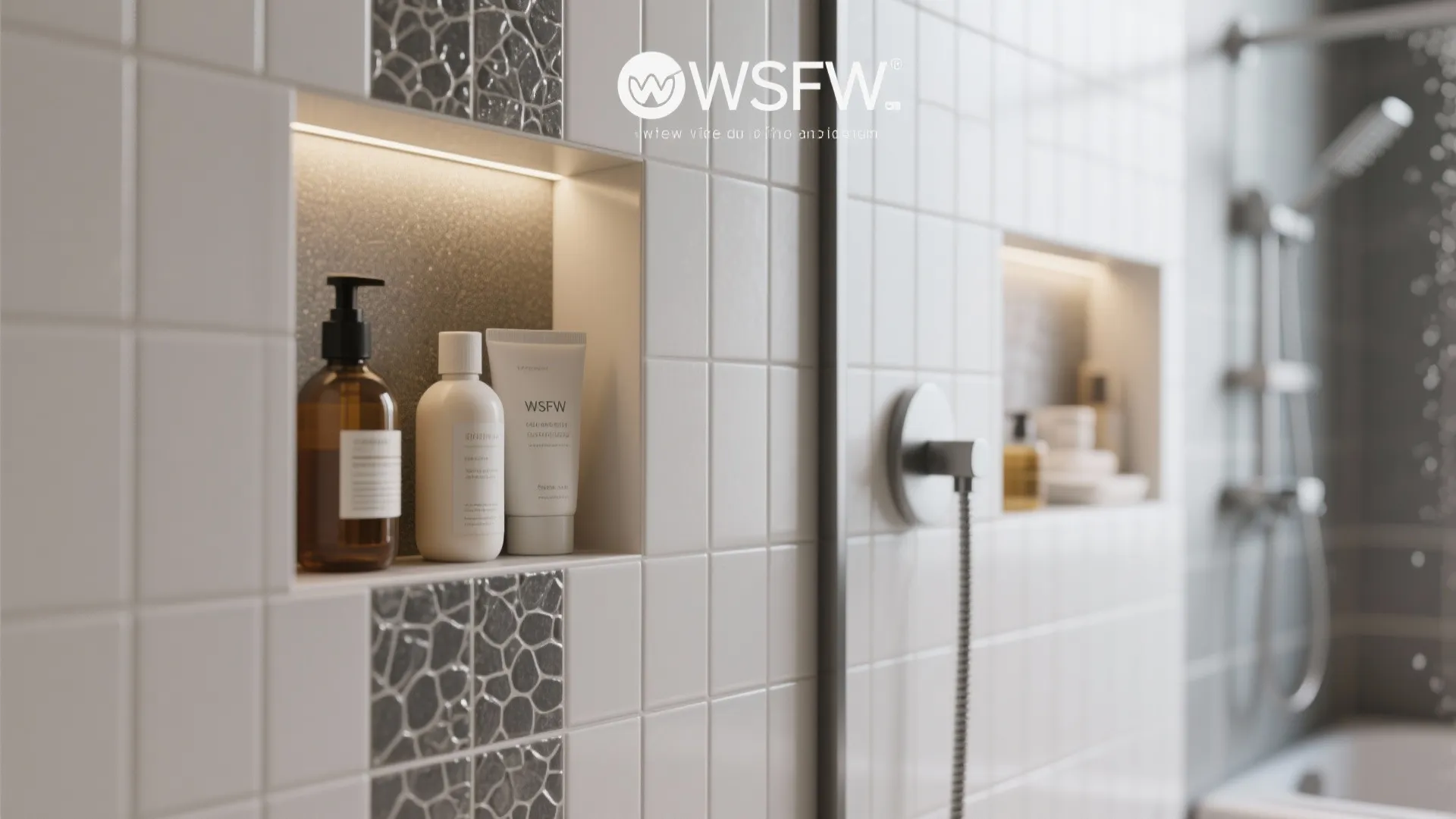 Modern white tiled shower wall with built-in storage shelf holding soap bottles and shampoo containers