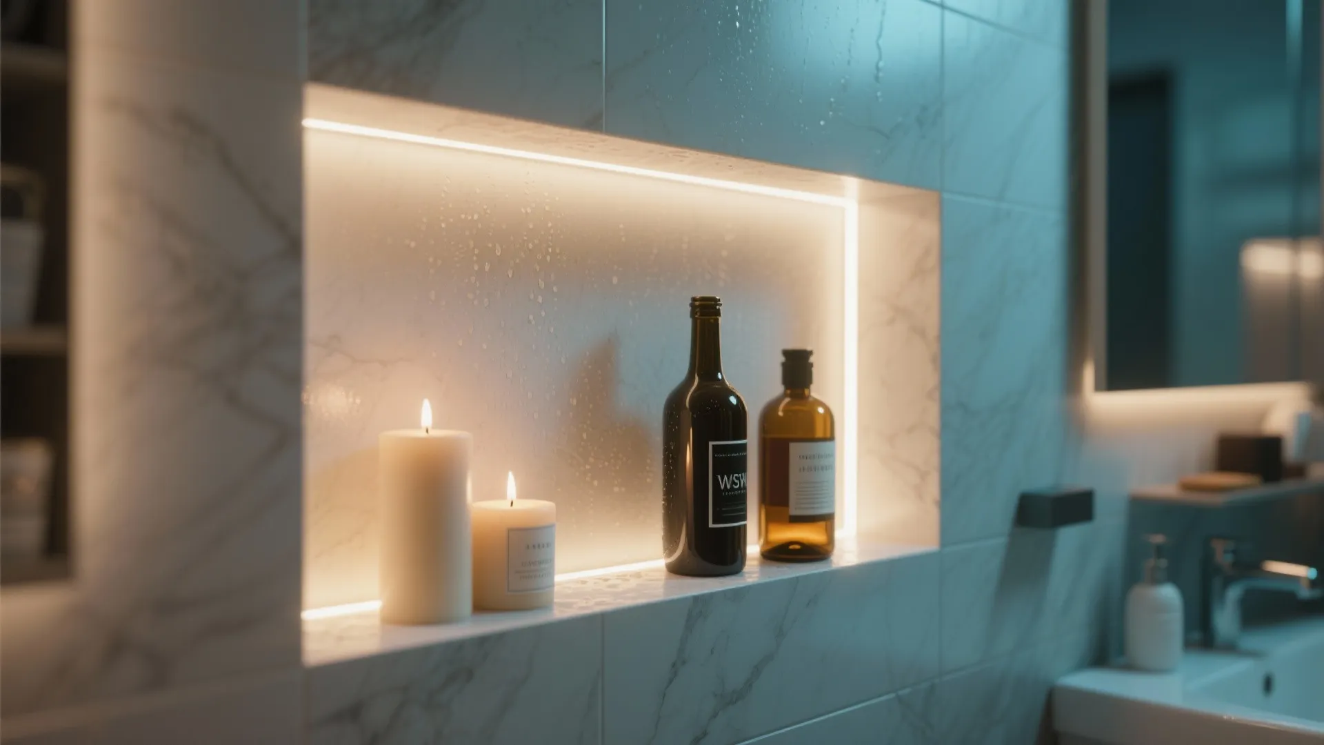 Bathroom wall niche with soft LED lighting and decor items