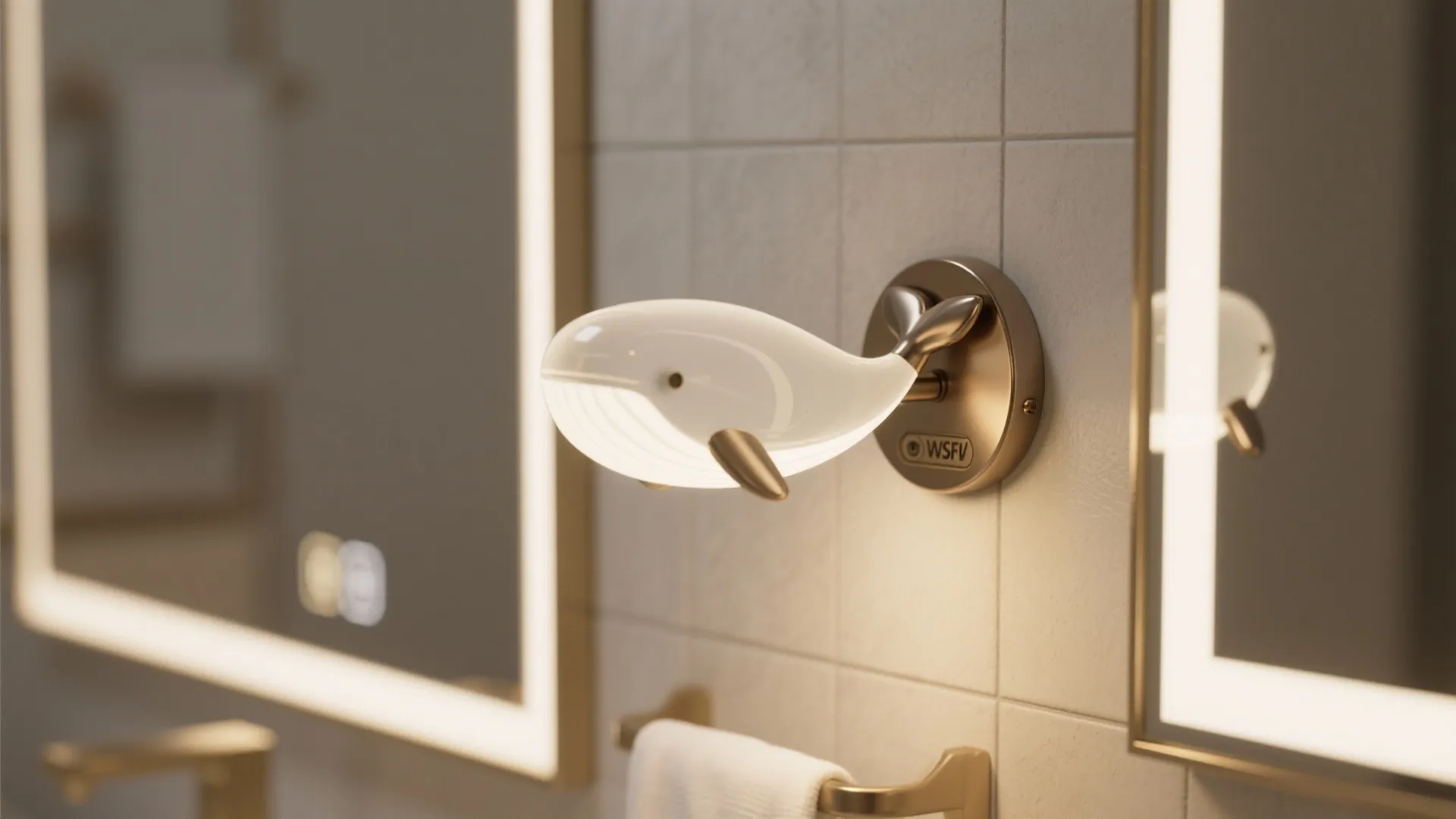 Close-up of a waterproof whale-shaped sconce with frosted diffuser beside a bathroom vanity mirror.