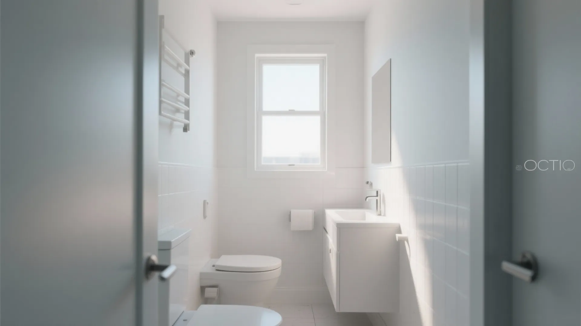 Bright white small bathroom with a toilet and vanity next to a window with natural light