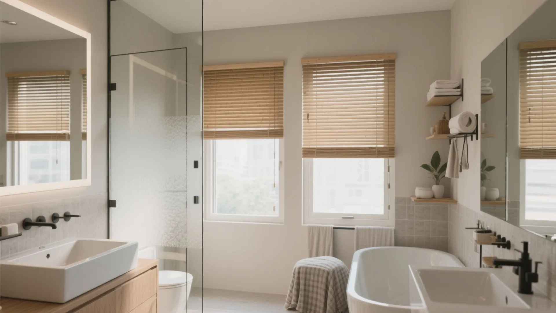 Modern bathroom with white bathtub white sink wooden cabinet glass shower door and bamboo window blinds