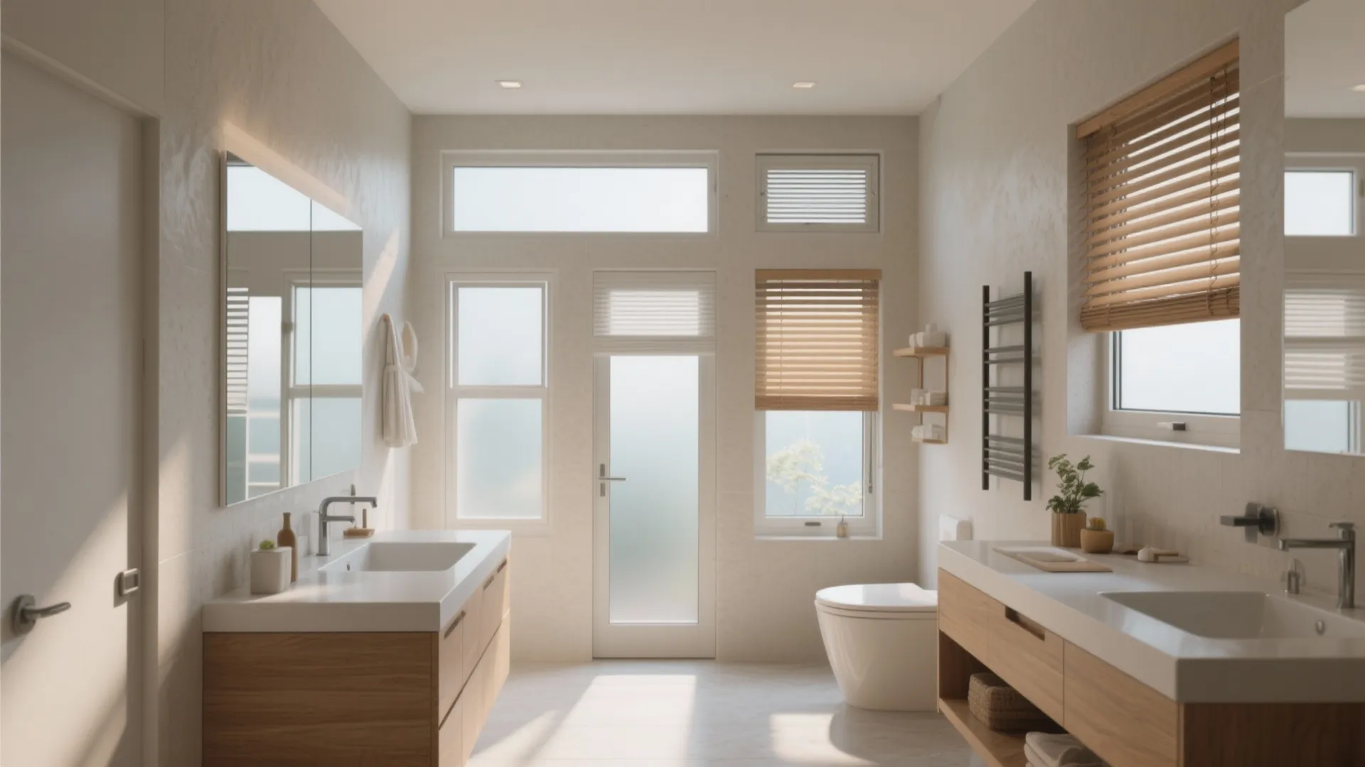 Modern bathroom featuring double wood cabinets two sinks mirrors toilet and multiple windows with blinds