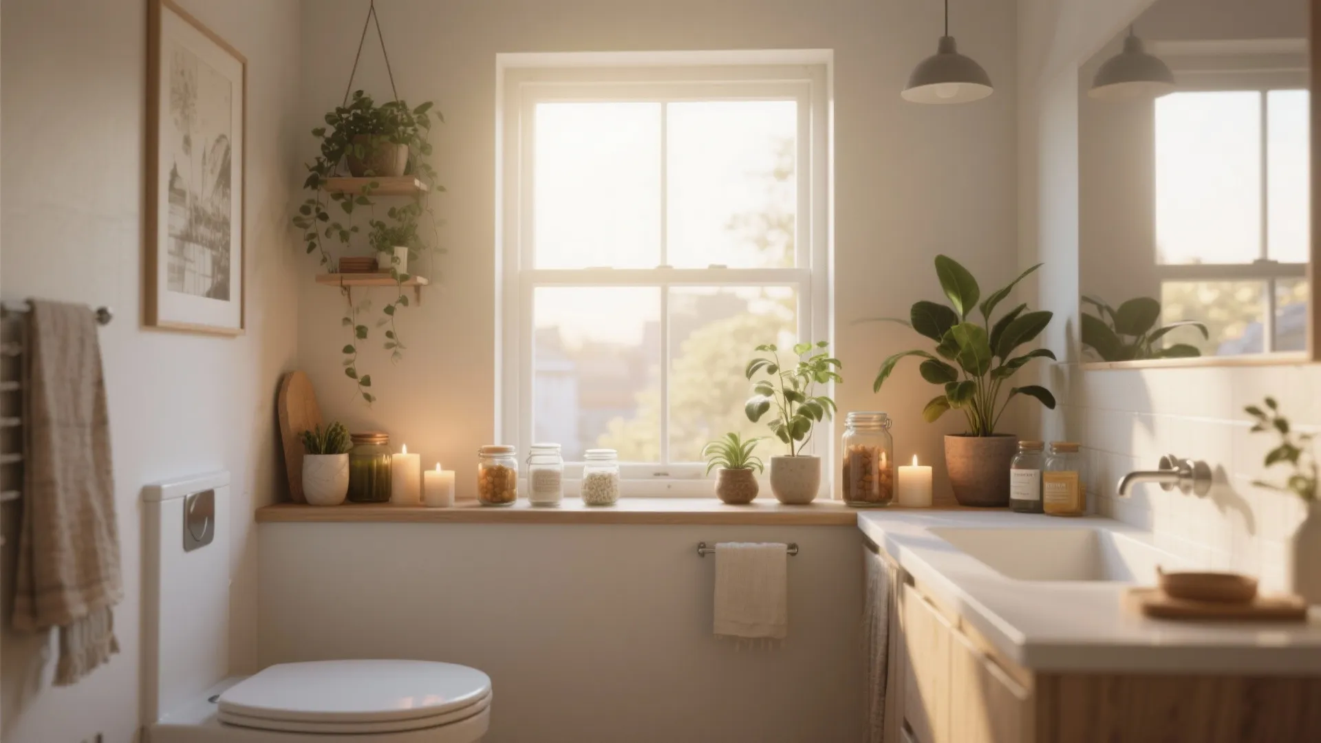 Modern bathroom with white toilet sink wooden window ledge green plants candles and natural sunlight