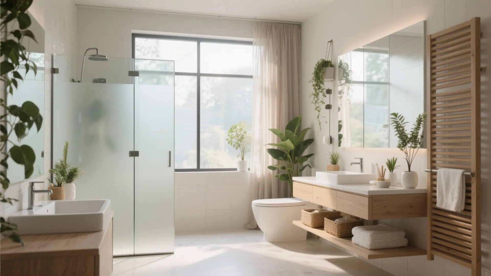 Modern bright bathroom with glass shower door wood vanity toilet green plants and large window