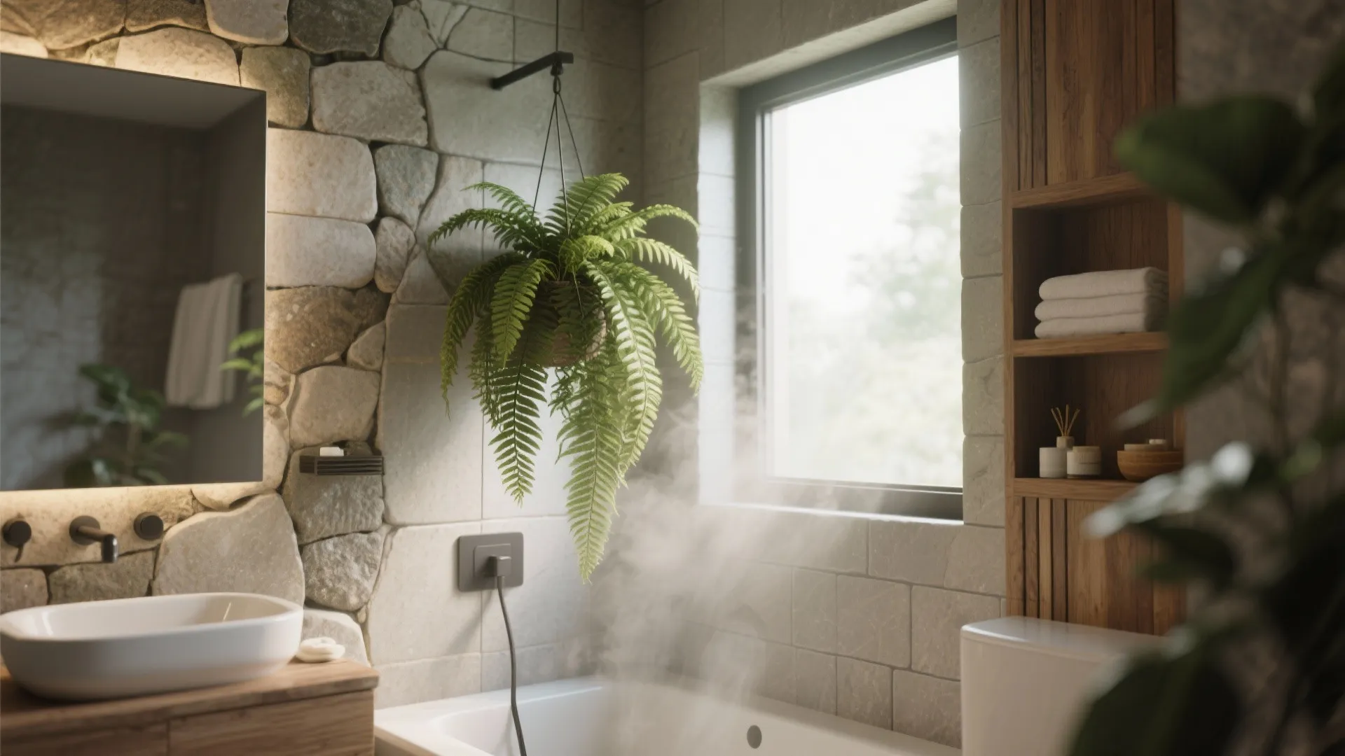 Bathroom with stone wall hanging green plant white sink wooden shelf bathtub and bright window