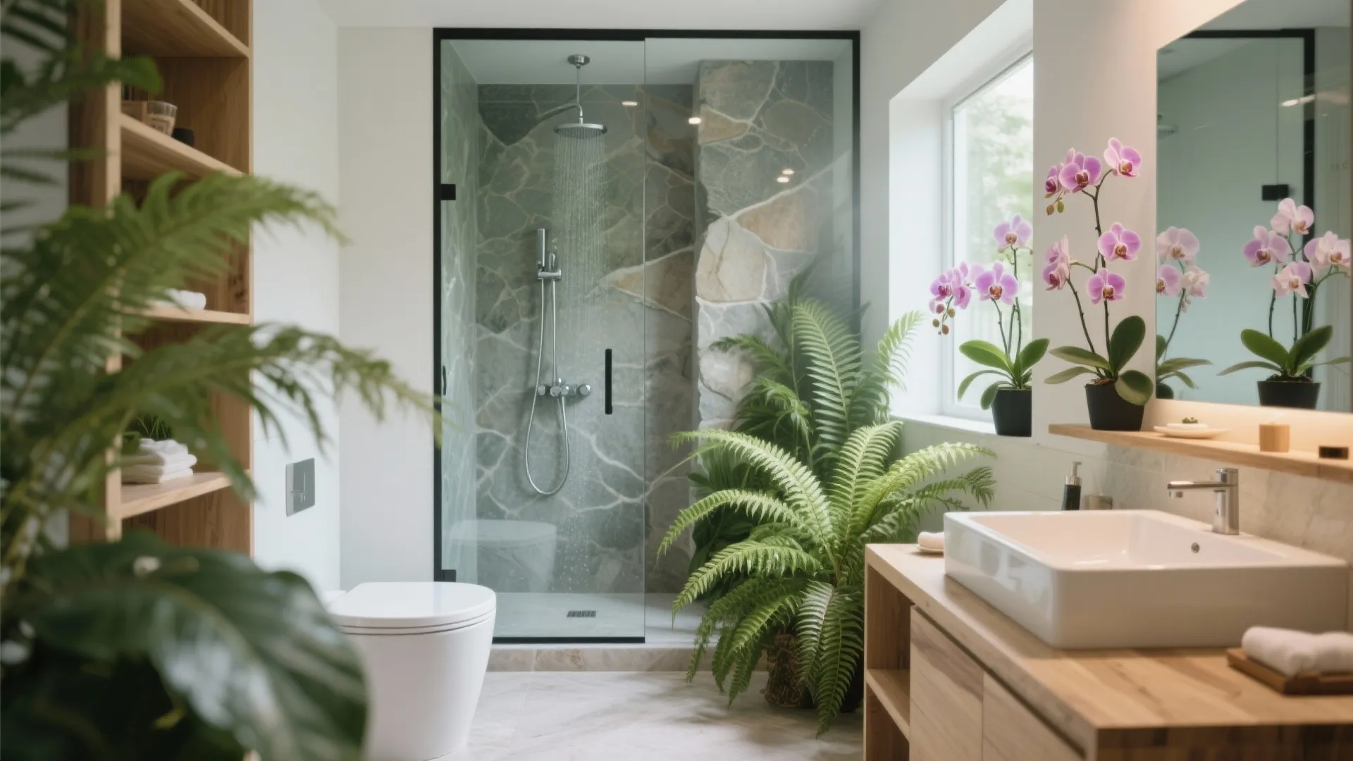 Bright bathroom with green plants, purple flowers, wood cabinet, glass shower, and large side window
