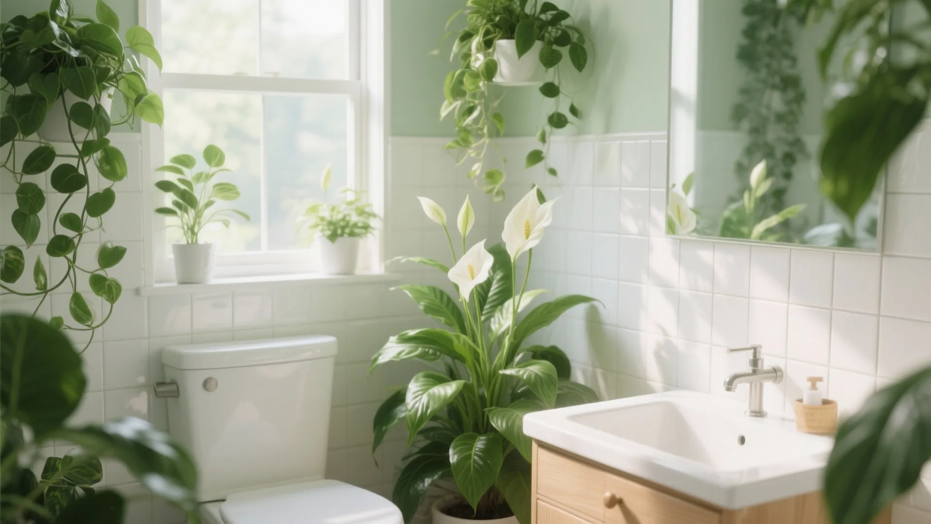 Green bathroom interior with many potted plants, peace lilies, white toilet, and wooden sink cabinet