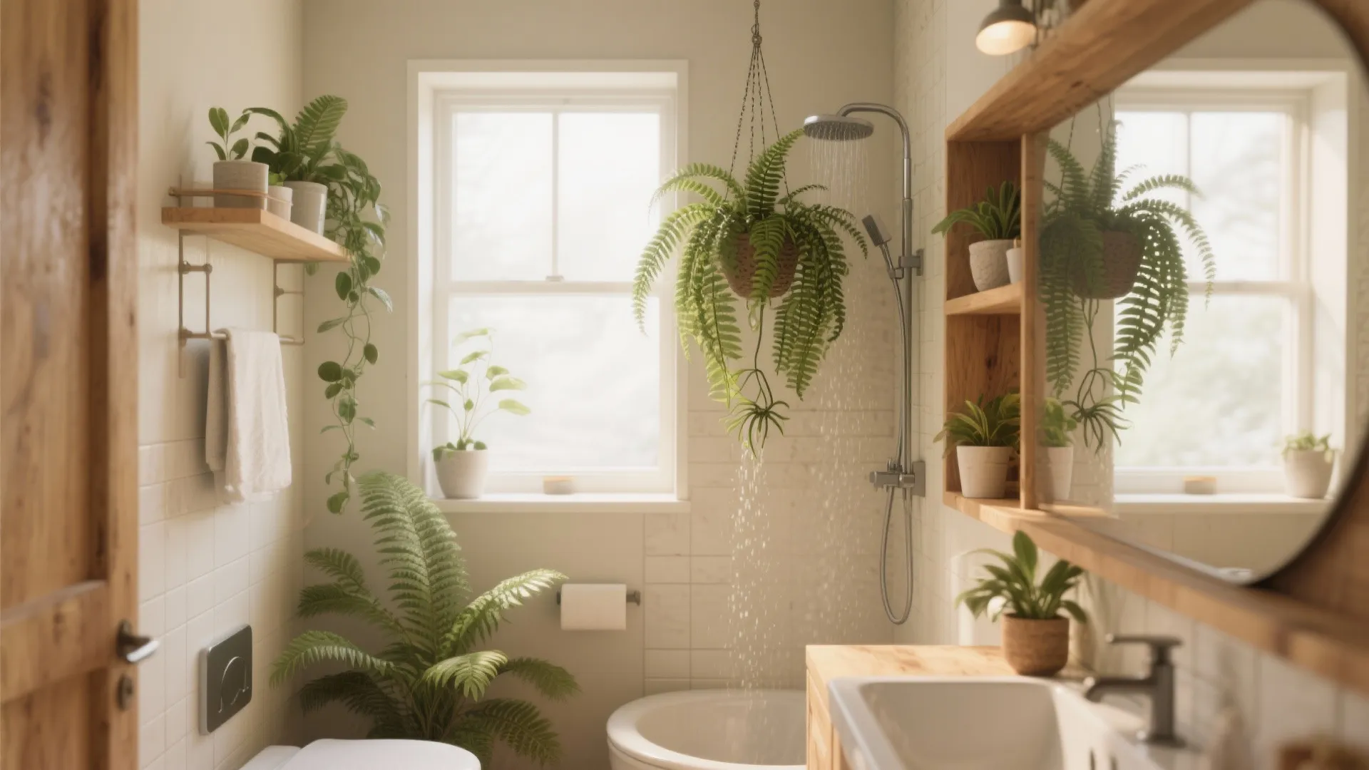 Natural bathroom design with many green plants, wooden shelves, white tiles, bathtub, and bright window