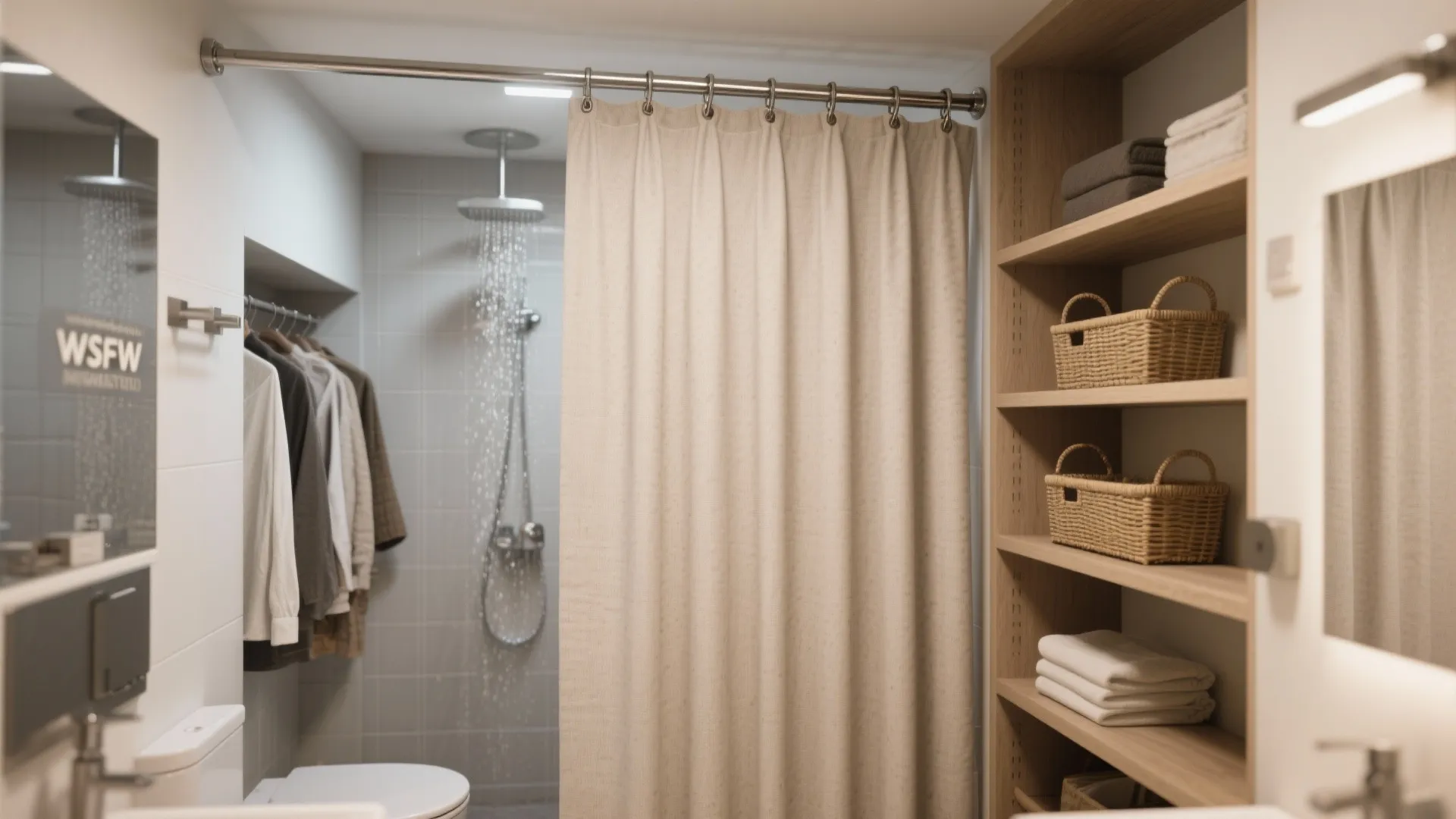 Micro-bathroom with a ceiling-mounted curtain creating a separate dressing and laundry niche and hiding storage.