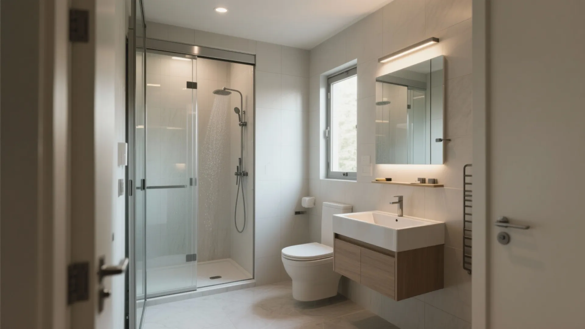 Compact bathroom zoning with a sliding door
