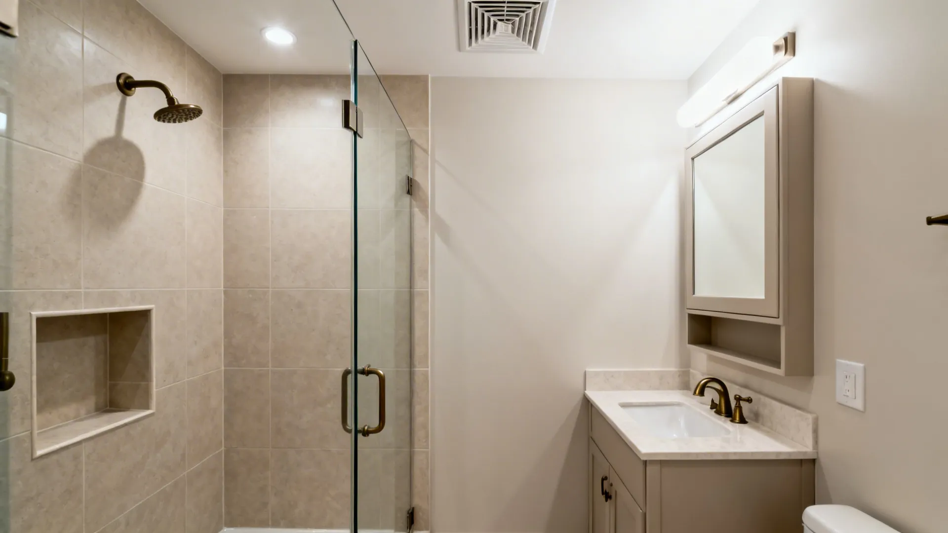 Small bathroom with glass shower niche, mirrored cabinet vanity, and discrete ventilation with layered lighting.