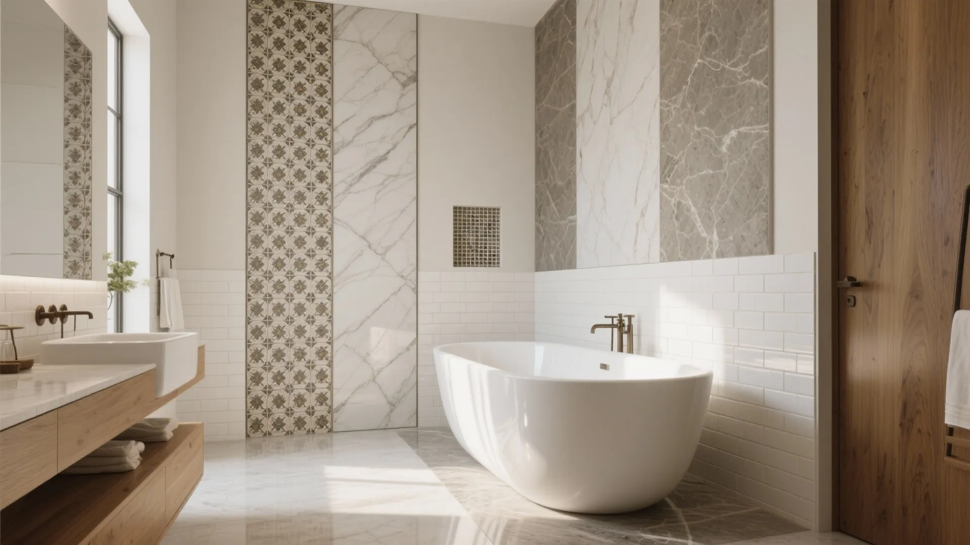 Modern bathroom interior with white bathtub wooden cabinet marble wall panels and bright natural light