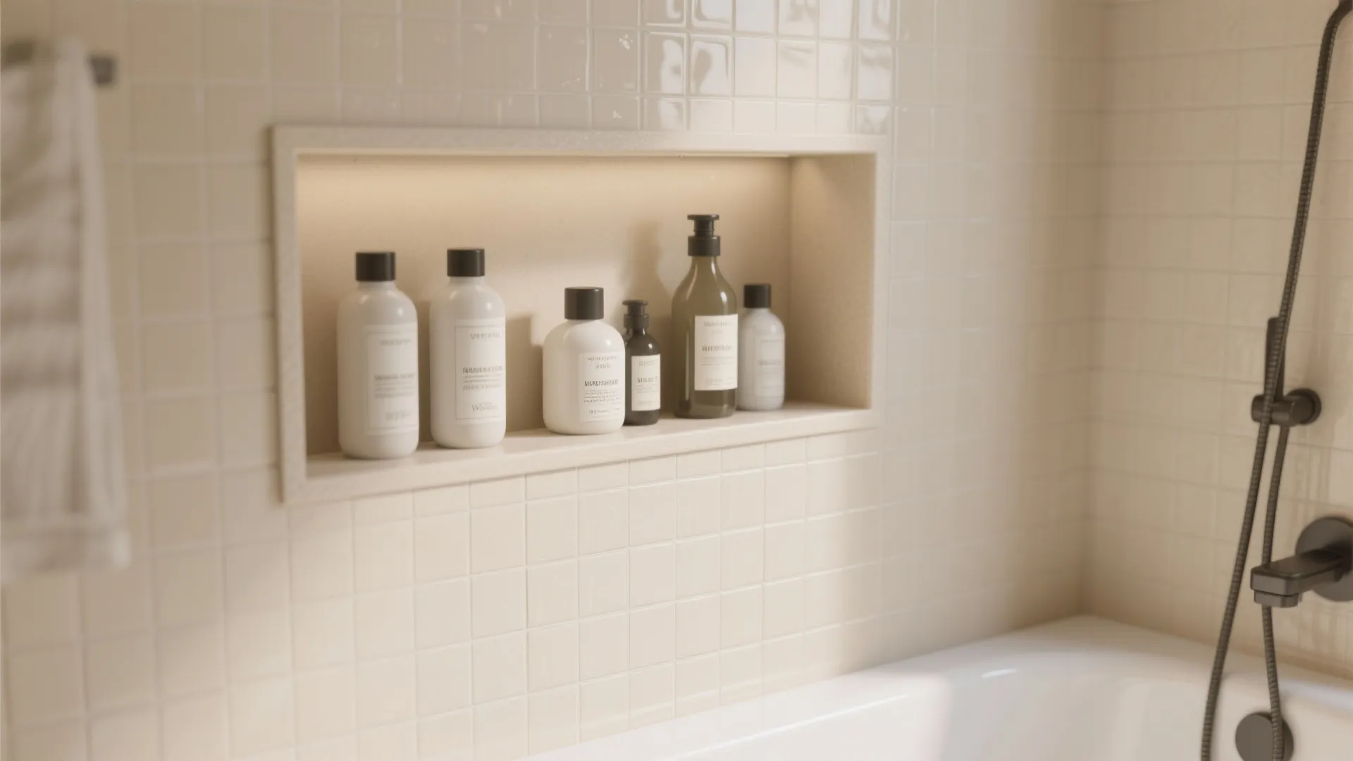 Beige bathroom wall niche containing soap bottles and shampoo bottles located above a white bathtub