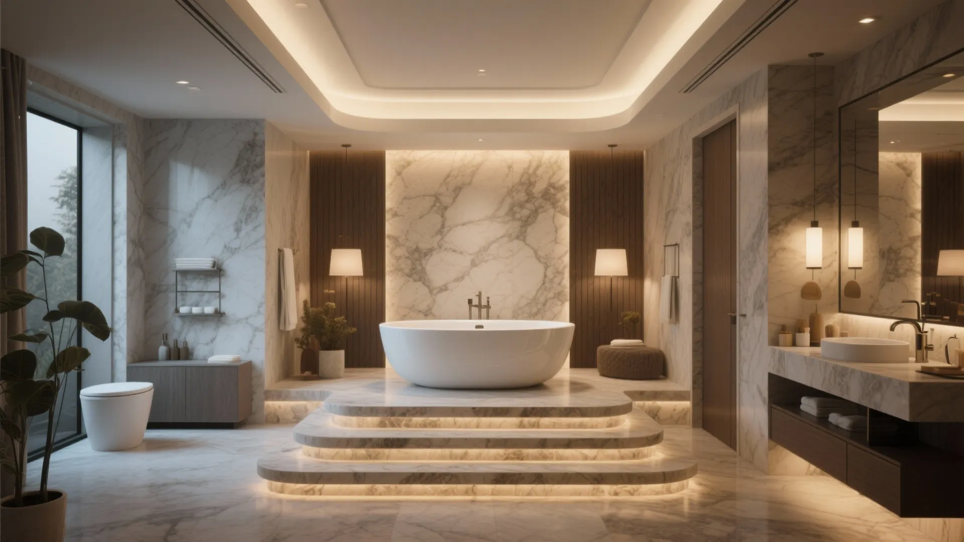 Freestanding bathtub on raised stone platform in high ceiling bathroom